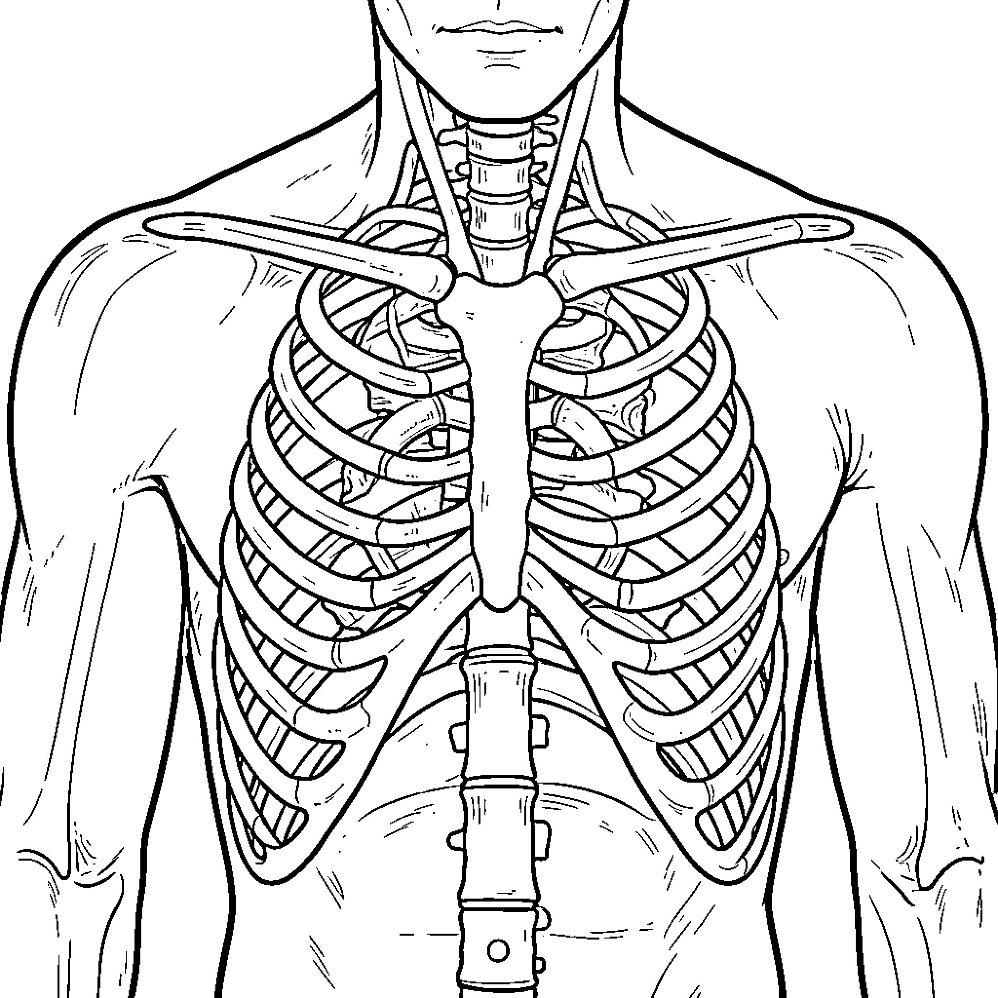 Chest anatomy in black and white line art Coloring Page (free black-and-white line drawing printable PDF for all, from beginners to advanced learners, including children, teens, adults, and seniors)