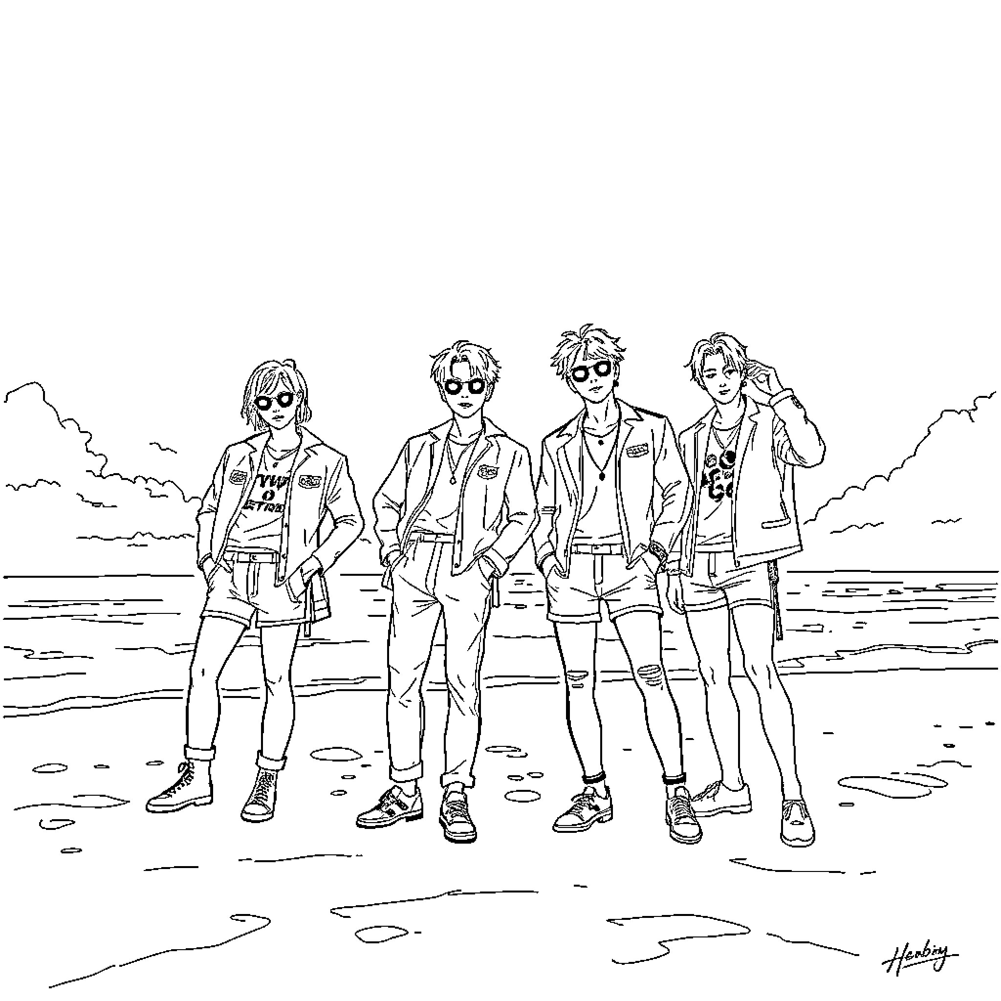 Kpop Idols Posing Confidently on the Beach Coloring Page (free black-and-white line drawing printable PDF for all, from beginners to advanced learners, including children, teens, adults, and seniors)