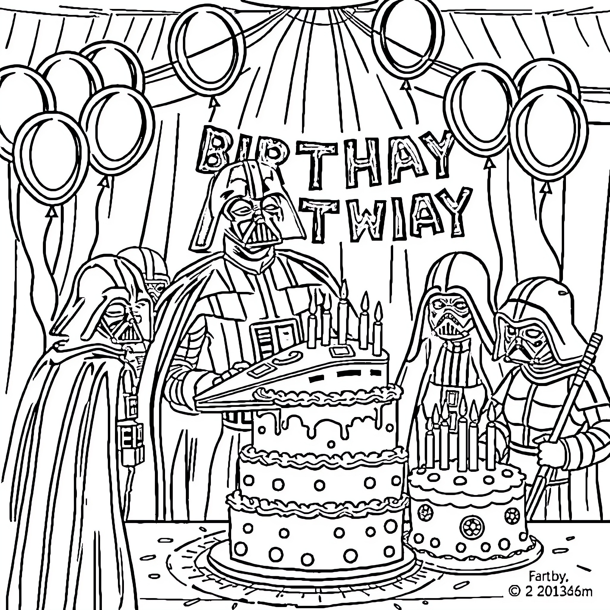 Darth Vader celebrates his birthday with companions Coloring Page (free black-and-white line drawing printable PDF for all, from beginners to advanced learners, including children, teens, adults, and seniors)
