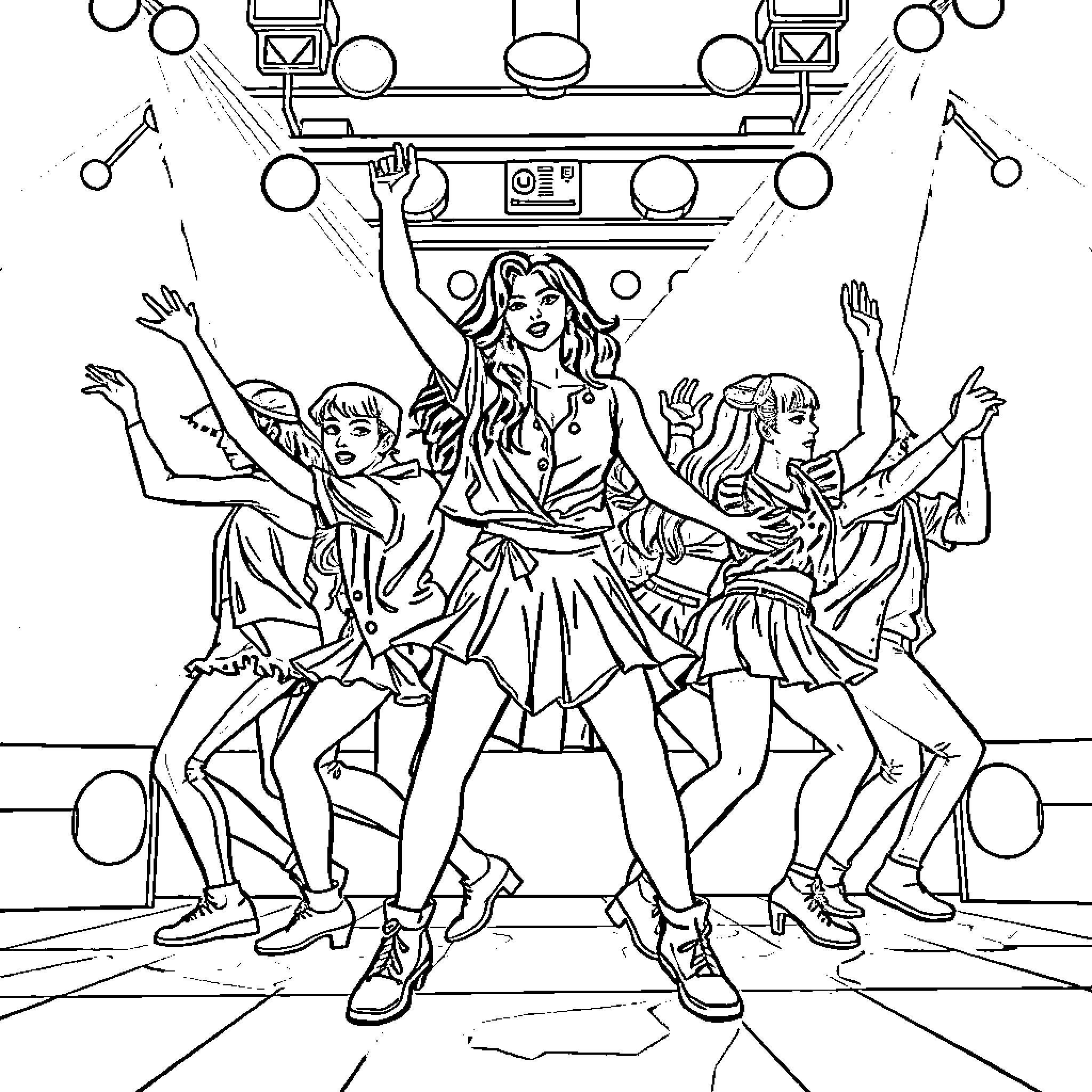 Kpop Idols Performing on Stage Coloring Page (free black-and-white line drawing printable PDF for all, from beginners to advanced learners, including children, teens, adults, and seniors)