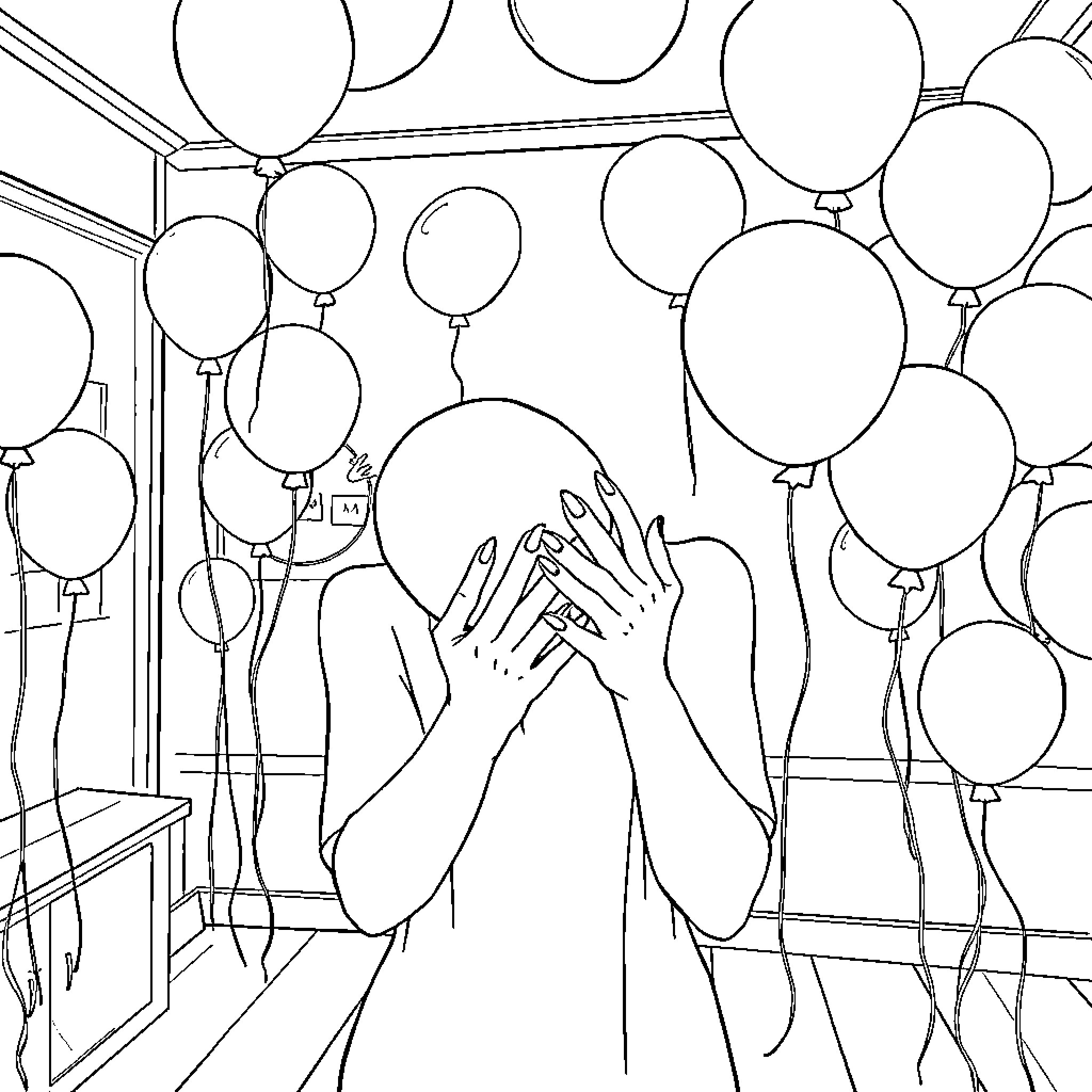 Lady with Hands Covering Face Among Floating Balloons Coloring Page (free black-and-white line drawing printable PDF for all, from beginners to advanced learners, including children, teens, adults, and seniors)