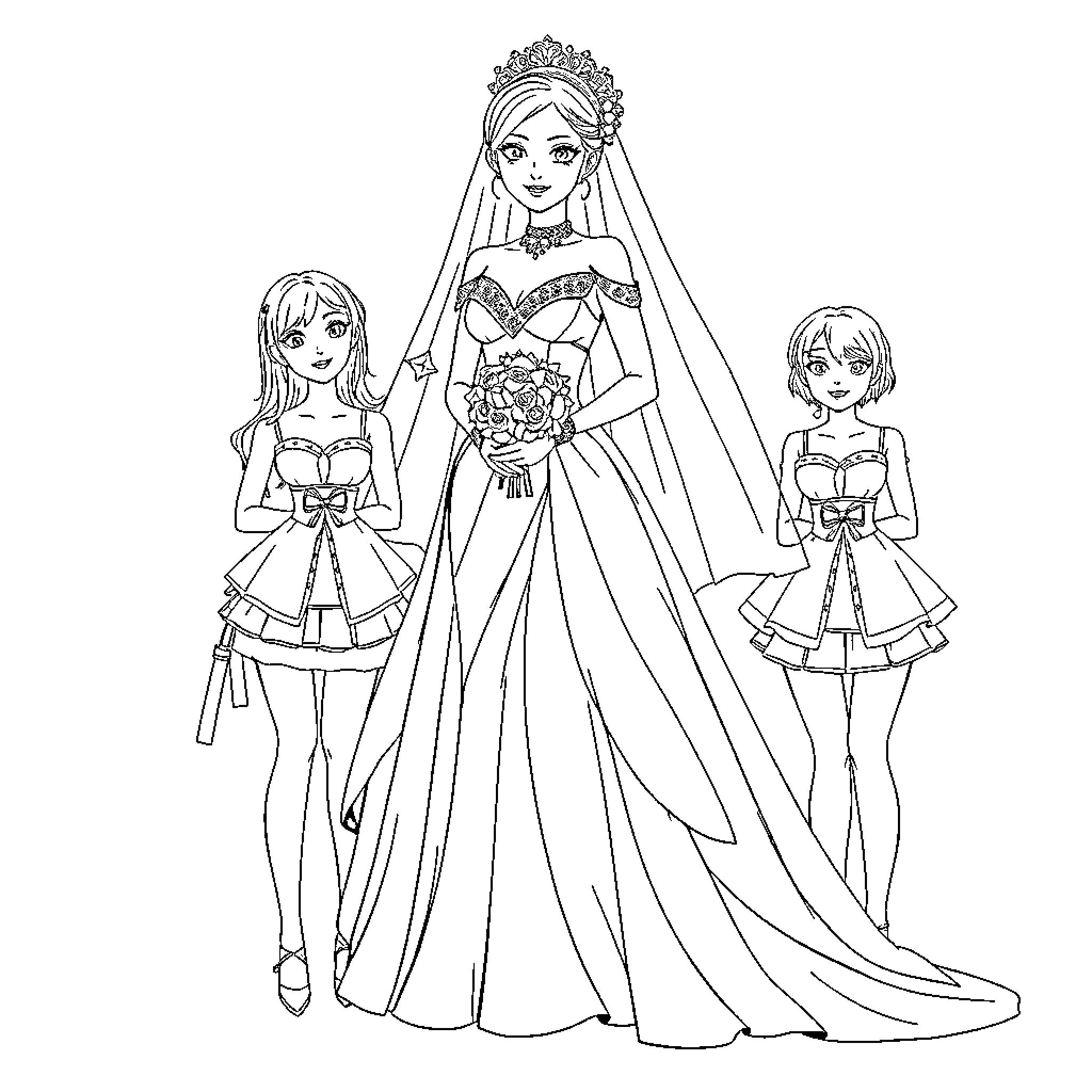 Rumi's Elegant Wedding Celebration with Bridesmaids Coloring Page (free black-and-white line drawing printable PDF for all, from beginners to advanced learners, including children, teens, adults, and seniors)
