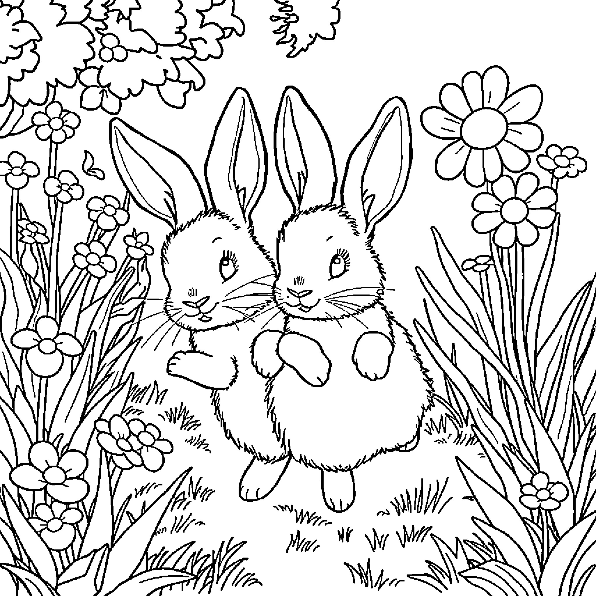 Bunny rabbits exploring a floral garden Coloring Page (free black-and-white line drawing printable PDF for all, from beginners to advanced learners, including children, teens, adults, and seniors)