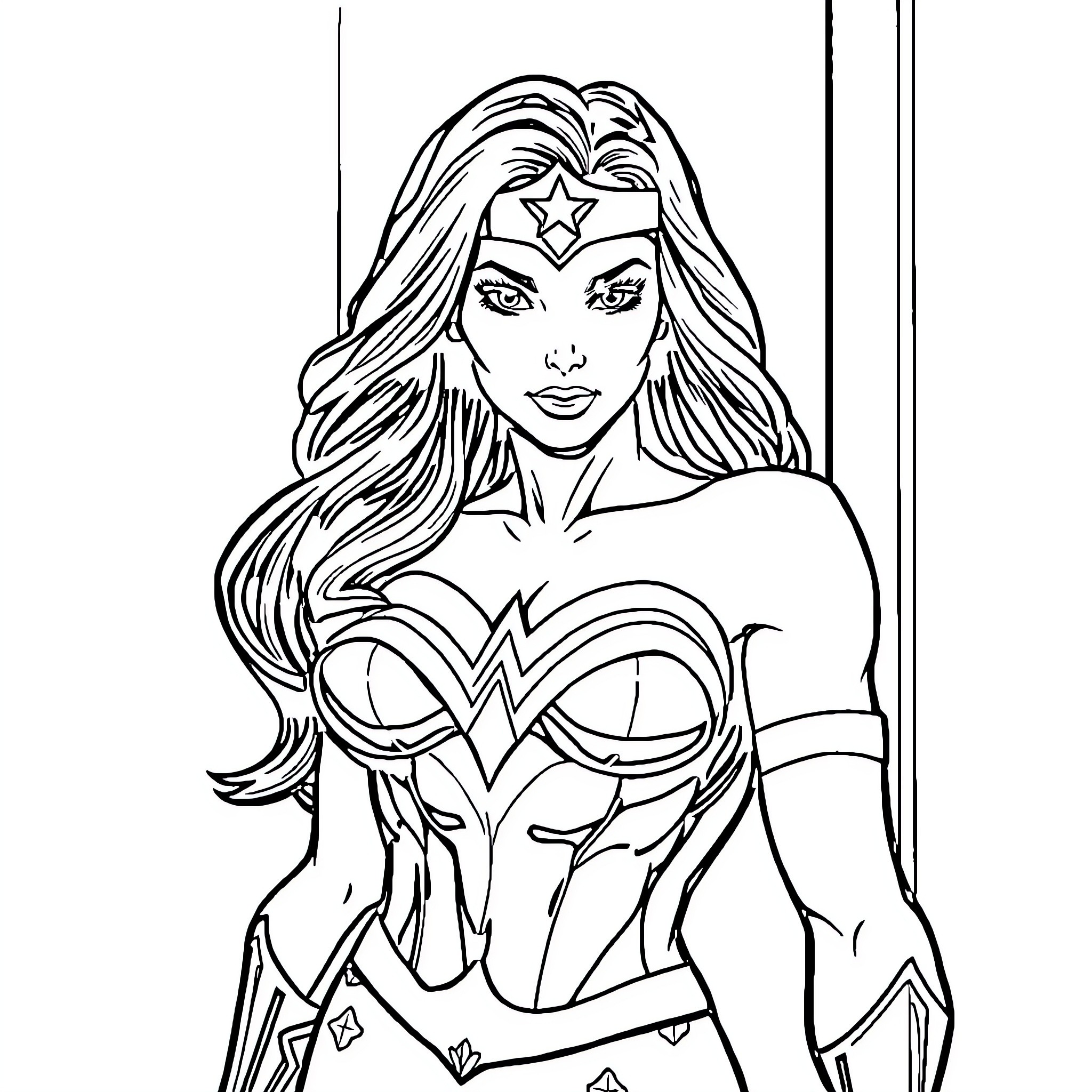 Wonder Woman in Heroic Pose Coloring Page (free black-and-white line drawing printable PDF for all, from beginners to advanced learners, including children, teens, adults, and seniors)