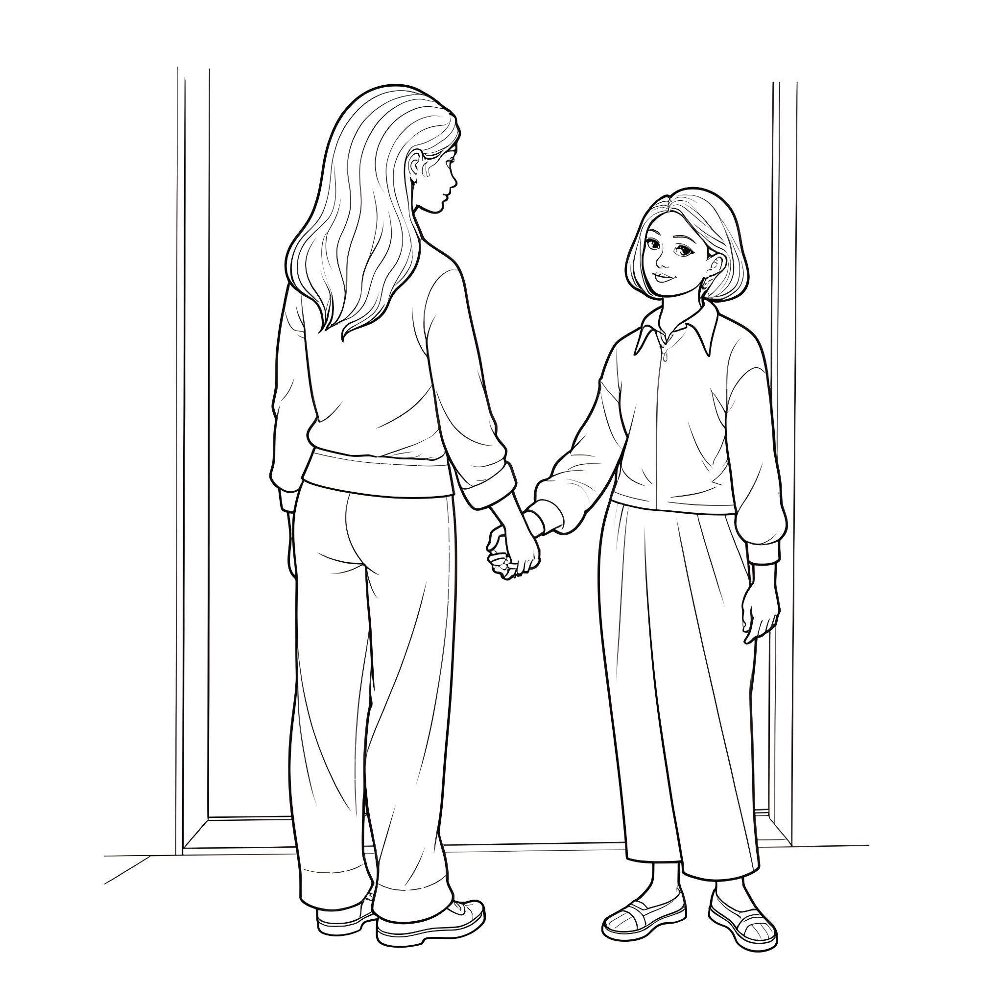 Wife and friend chatting happily in the hallway Coloring Page (free black-and-white line drawing printable PDF for all, from beginners to advanced learners, including children, teens, adults, and seniors)