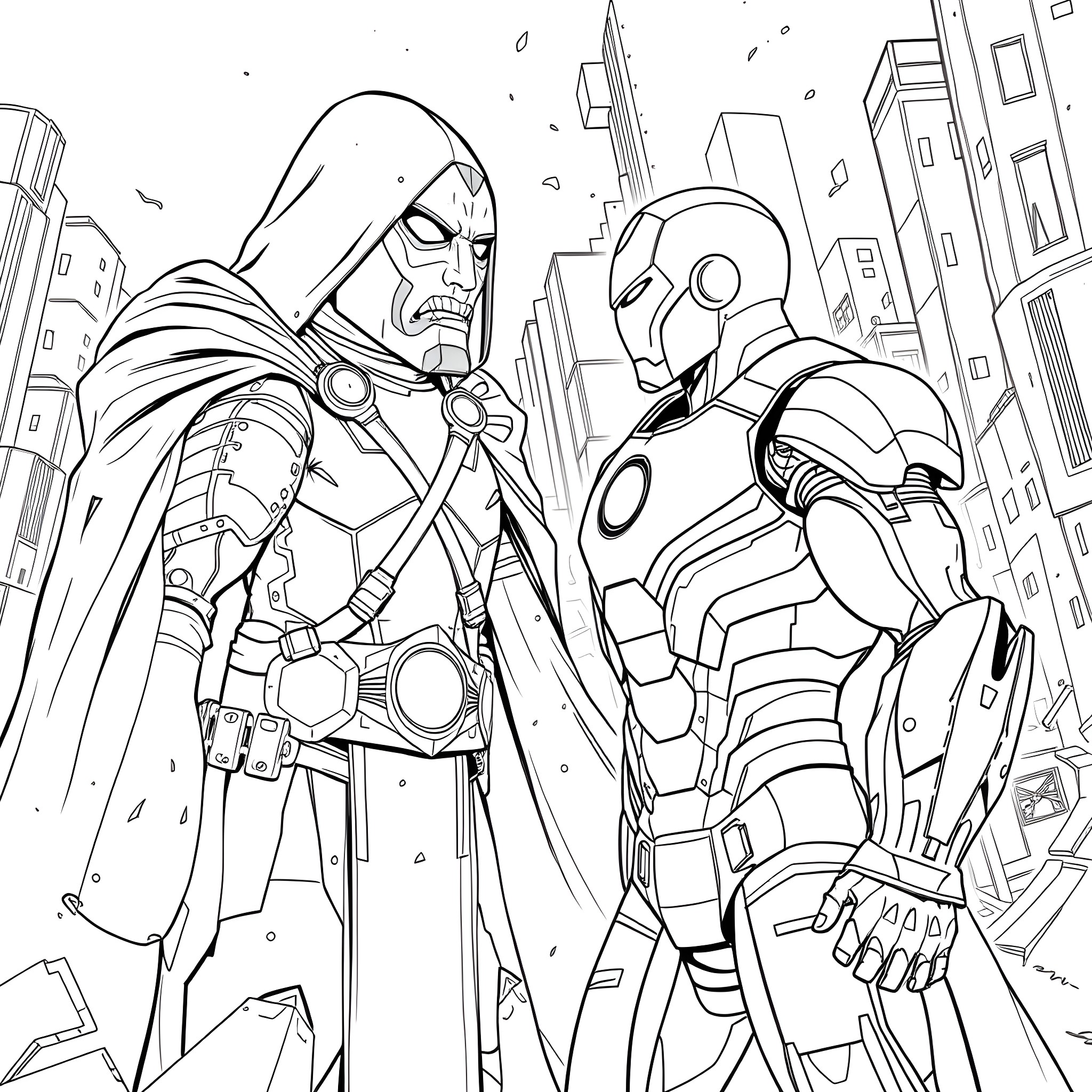 Doctor Doom Confronting Iron Man in the City Coloring Page (free black-and-white line drawing printable PDF for all, from beginners to advanced learners, including children, teens, adults, and seniors)