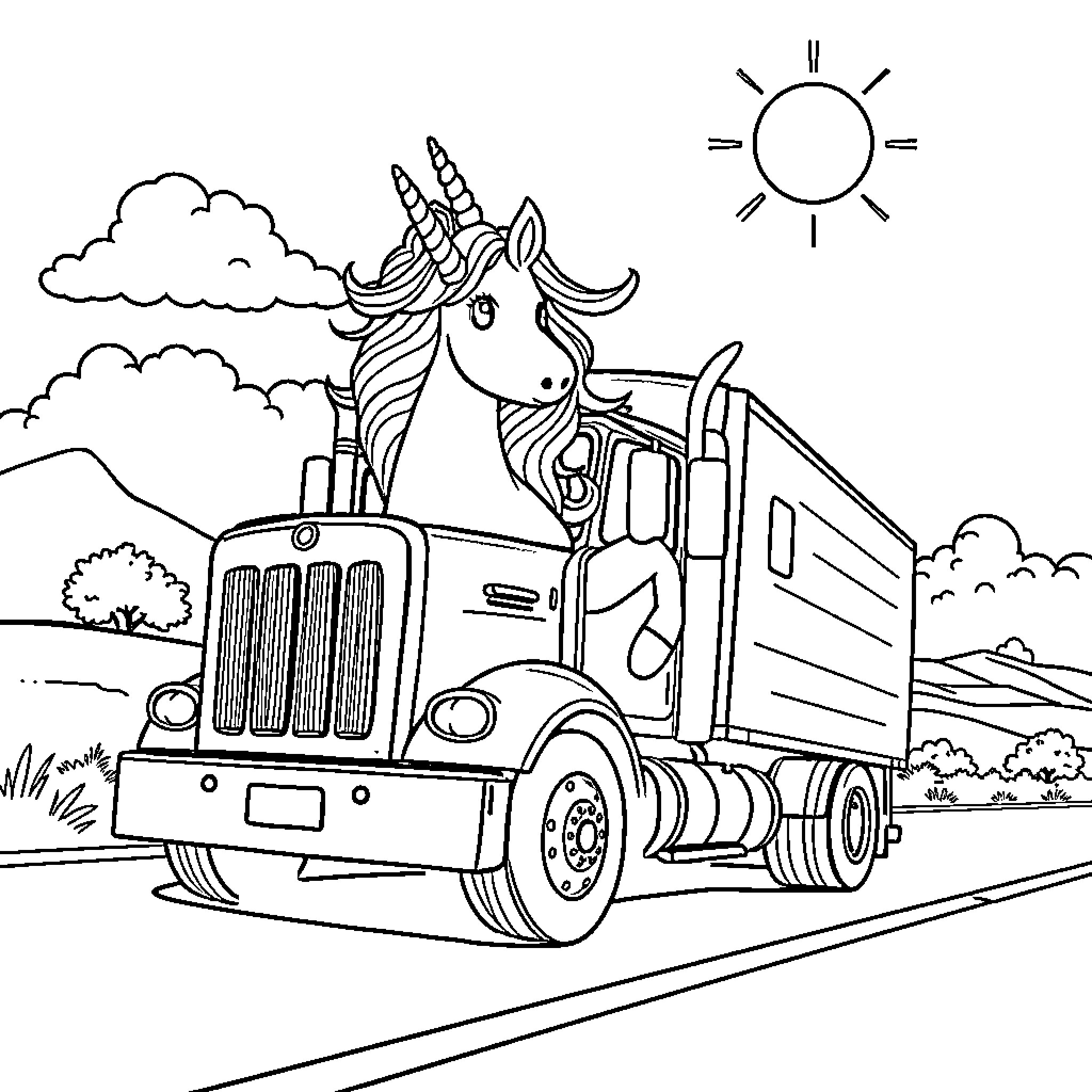 Unicorn driving a big truck on the road Coloring Page (free black-and-white line drawing printable PDF for all, from beginners to advanced learners, including children, teens, adults, and seniors)