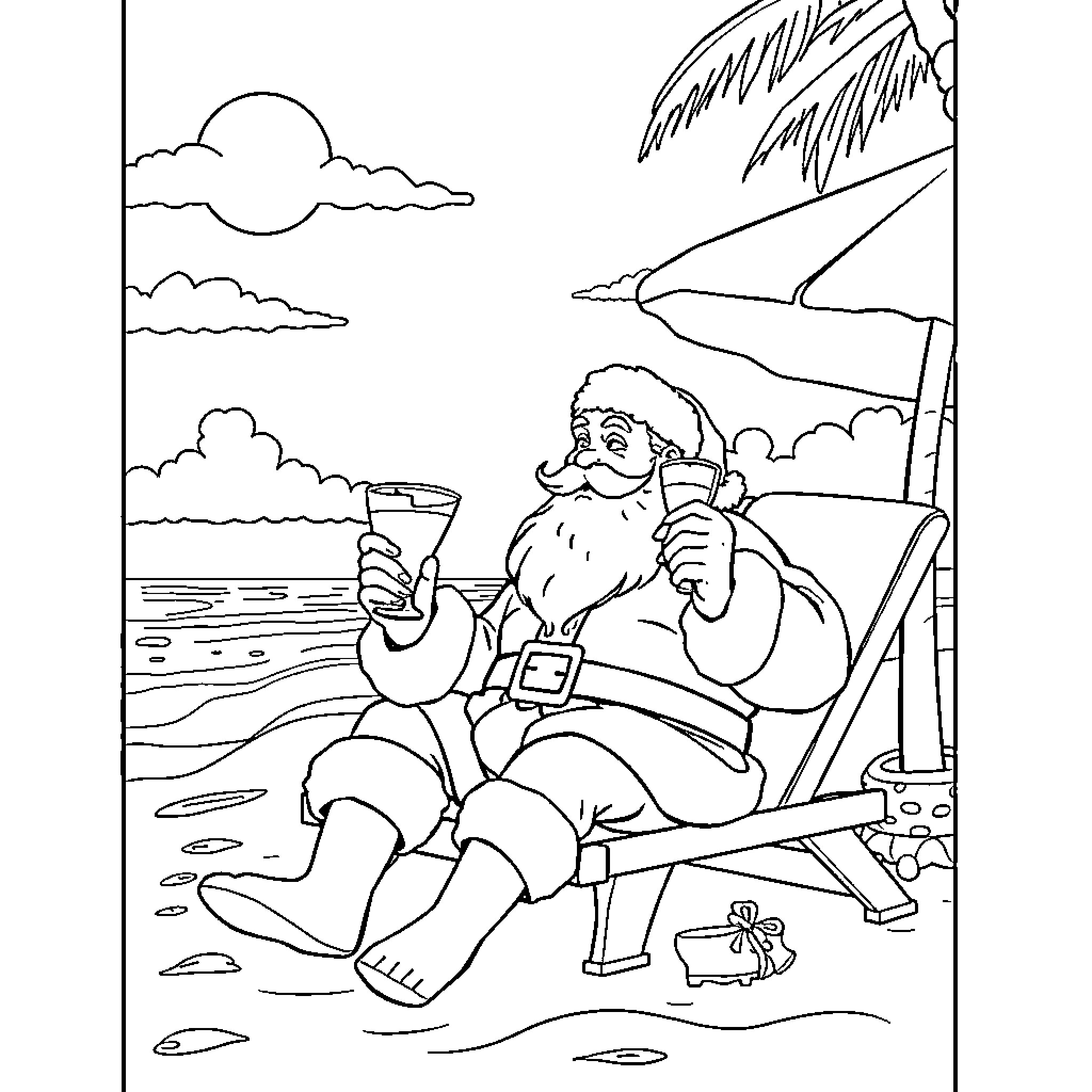 Santa Relaxing on the Beach with Drink Coloring Page (free black-and-white line drawing printable PDF for all, from beginners to advanced learners, including children, teens, adults, and seniors)