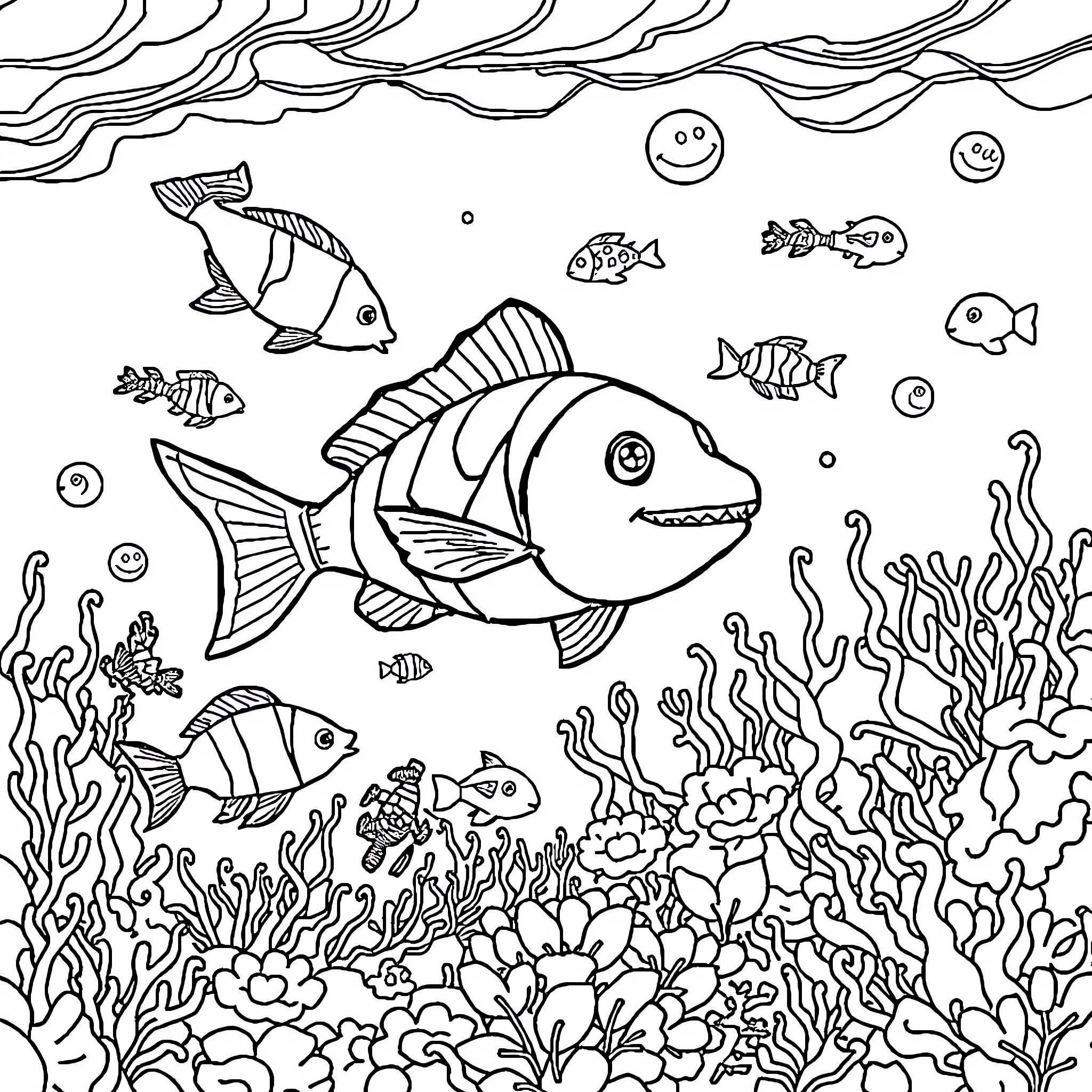 Sea Creature Exploring the Underwater World Coloring Page (free black-and-white line drawing printable PDF for all, from beginners to advanced learners, including children, teens, adults, and seniors)