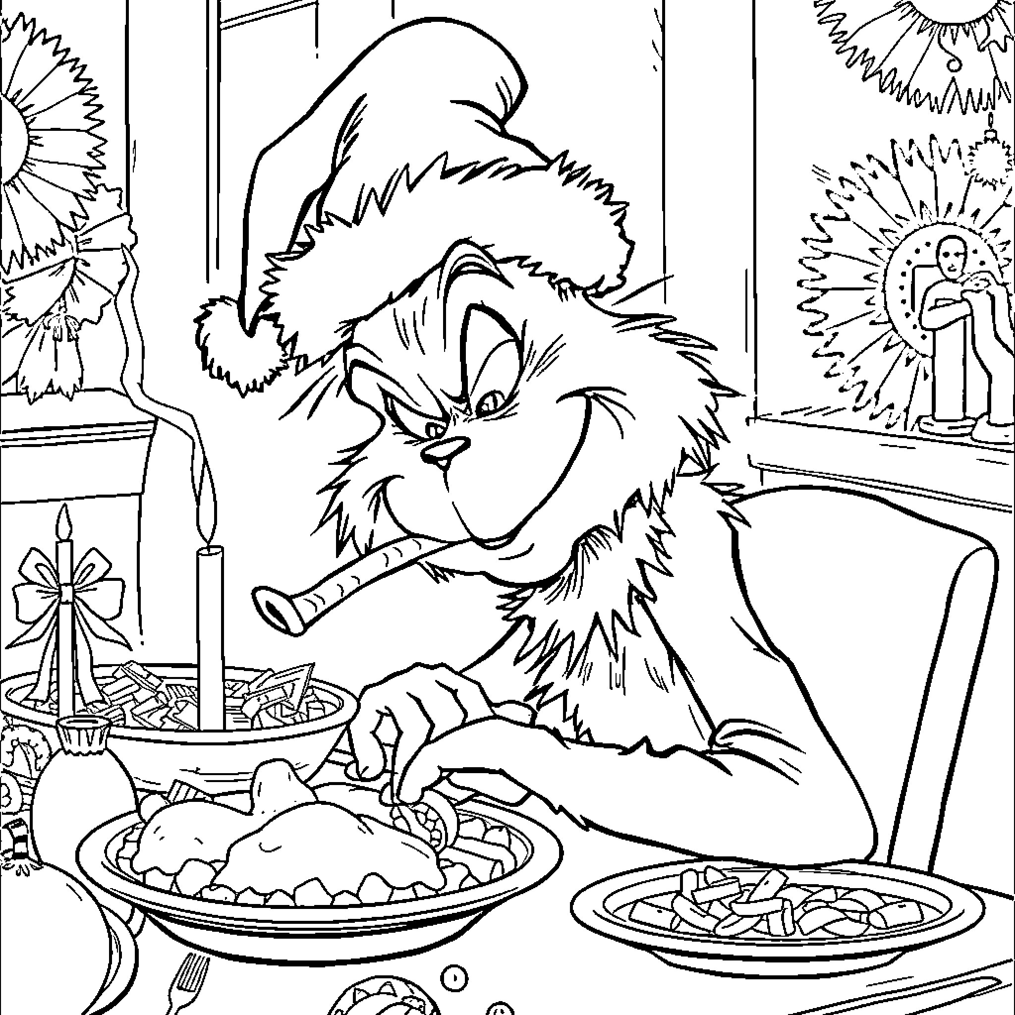 Grinch savoring a delightful holiday feast Coloring Page (free black-and-white line drawing printable PDF for all, from beginners to advanced learners, including children, teens, adults, and seniors)