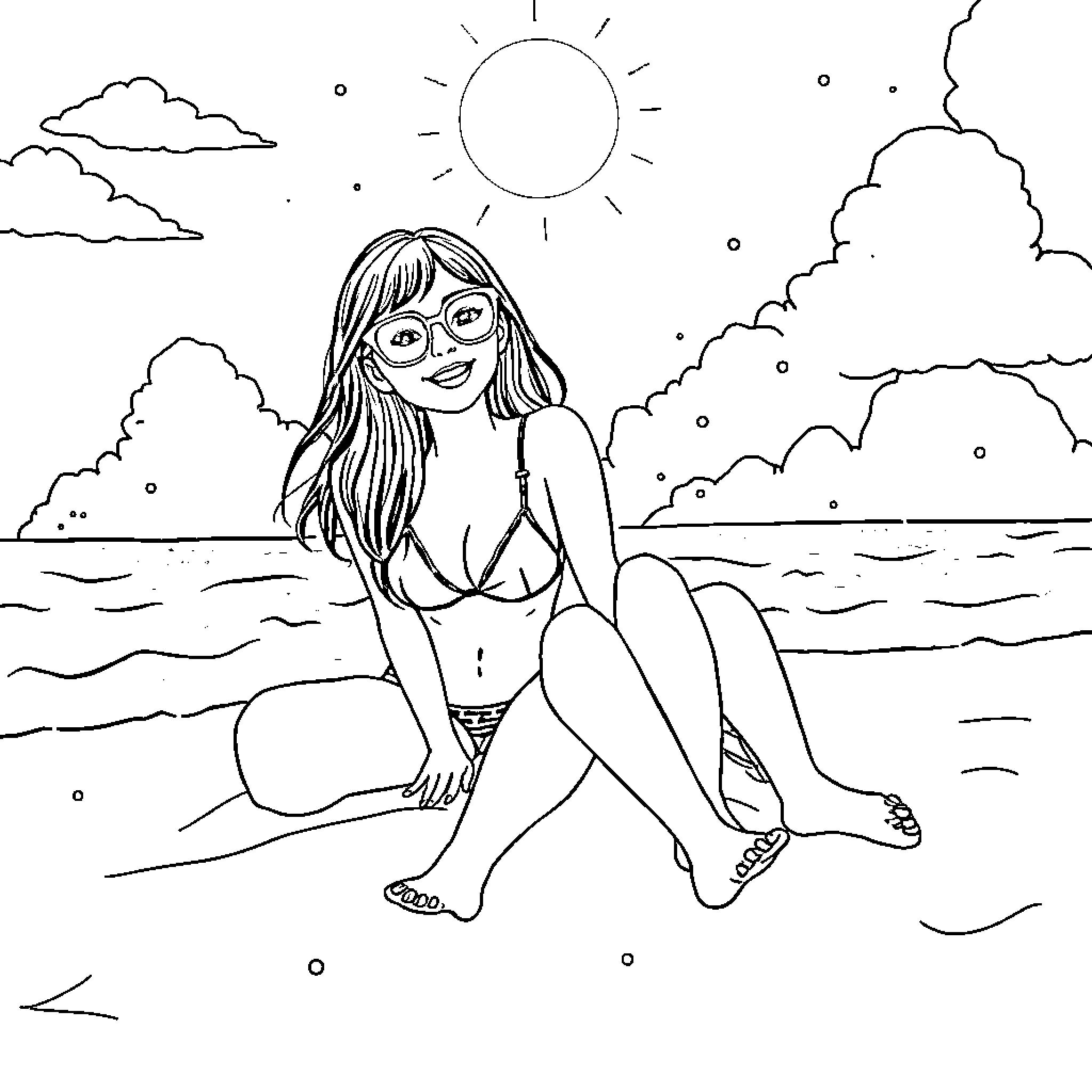 Blackpink member enjoying sunny beach day Coloring Page (free black-and-white line drawing printable PDF for all, from beginners to advanced learners, including children, teens, adults, and seniors)