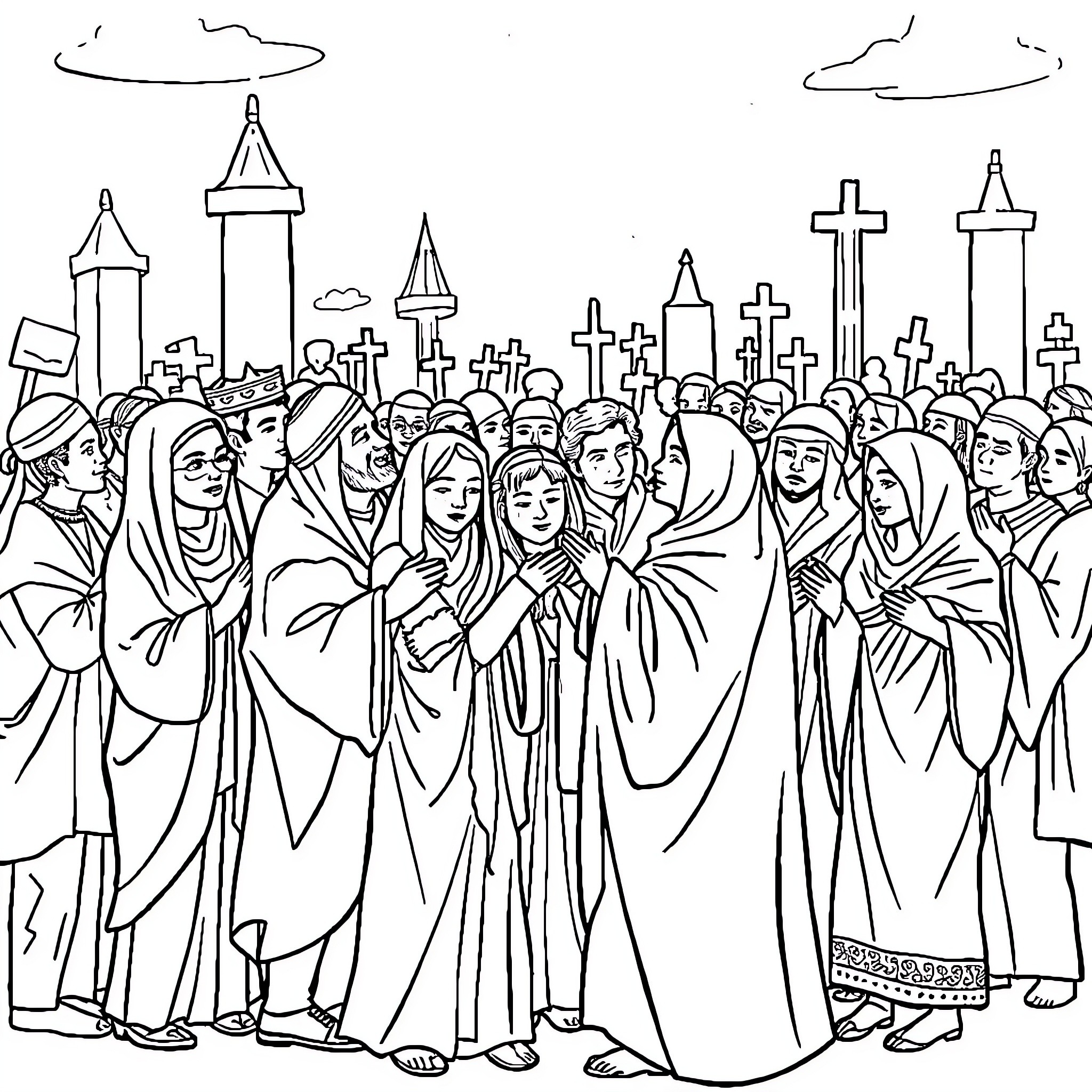 Religion gathering of diverse people in a city setting Coloring Page (free black-and-white line drawing printable PDF for all, from beginners to advanced learners, including children, teens, adults, and seniors)
