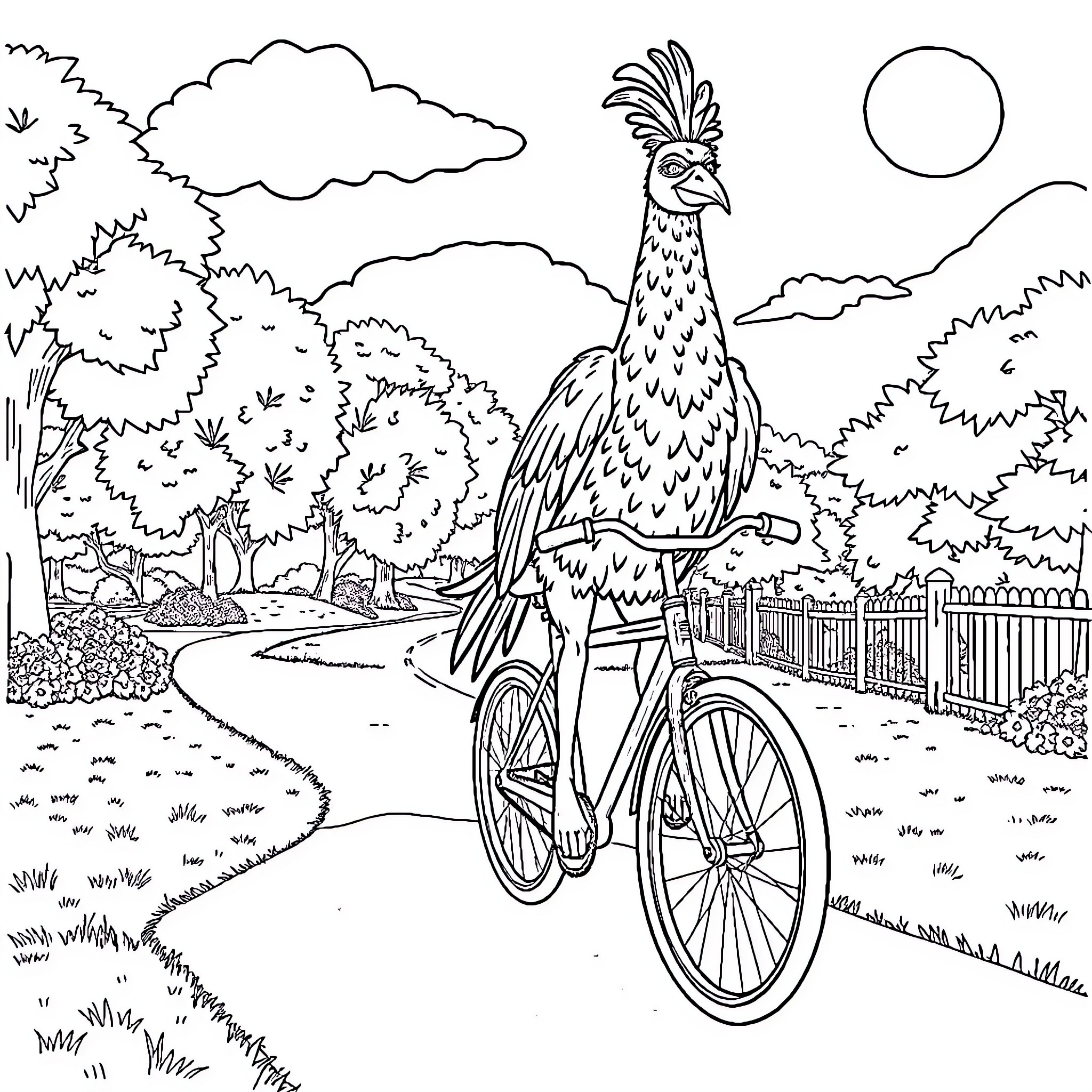 Stolas riding a bicycle through a scenic countryside Coloring Page (free black-and-white line drawing printable PDF for all, from beginners to advanced learners, including children, teens, adults, and seniors)
