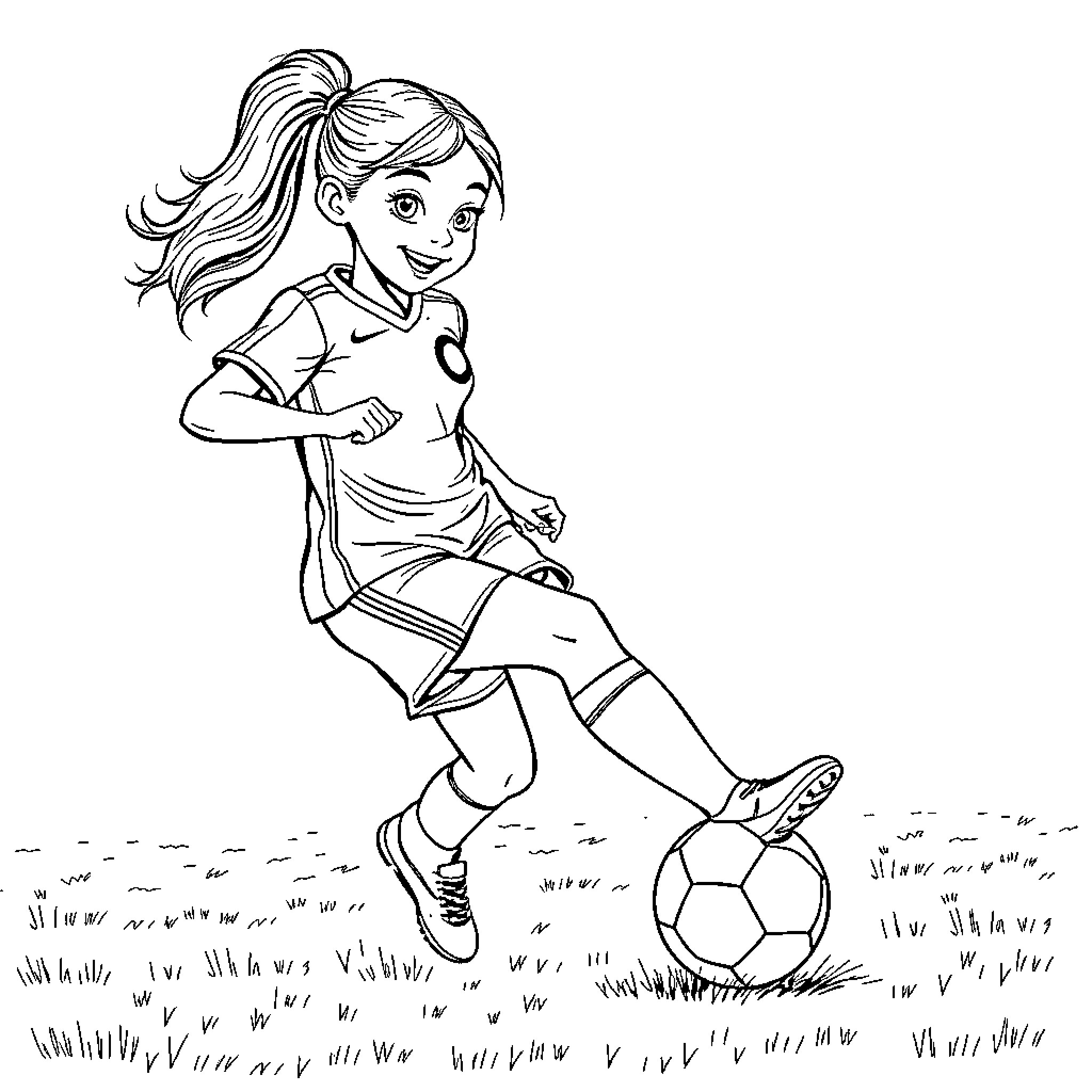 Ella Toone playing football joyfully in the field Coloring Page (free black-and-white line drawing printable PDF for all, from beginners to advanced learners, including children, teens, adults, and seniors)