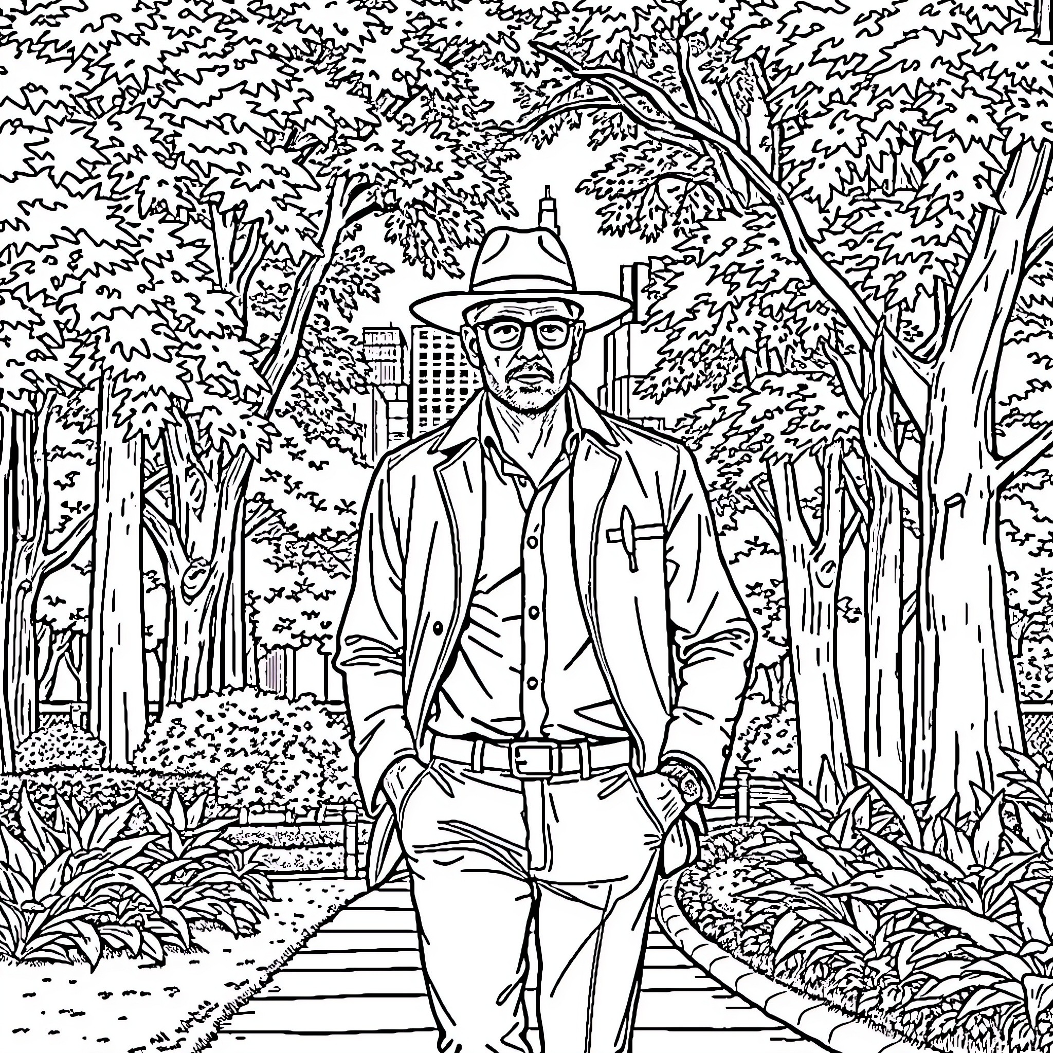 Guy strolling through a lush forest landscape Coloring Page (free black-and-white line drawing printable PDF for all, from beginners to advanced learners, including children, teens, adults, and seniors)