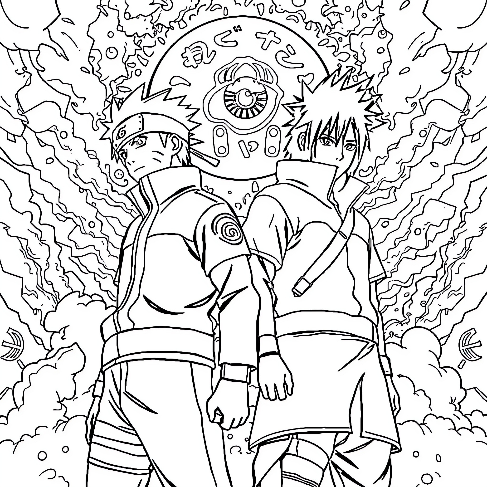 Naruto Characters in an Epic Encounter Coloring Page (free black-and-white line drawing printable PDF for all, from beginners to advanced learners, including children, teens, adults, and seniors)