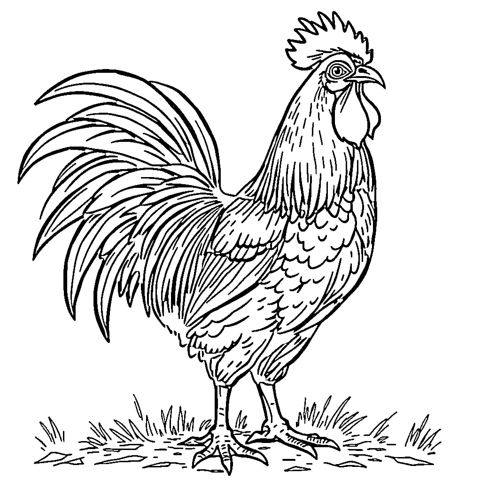 Rooster standing proudly in the farmyard Coloring Page (free black-and-white line drawing printable PDF for all, from beginners to advanced learners, including children, teens, adults, and seniors)