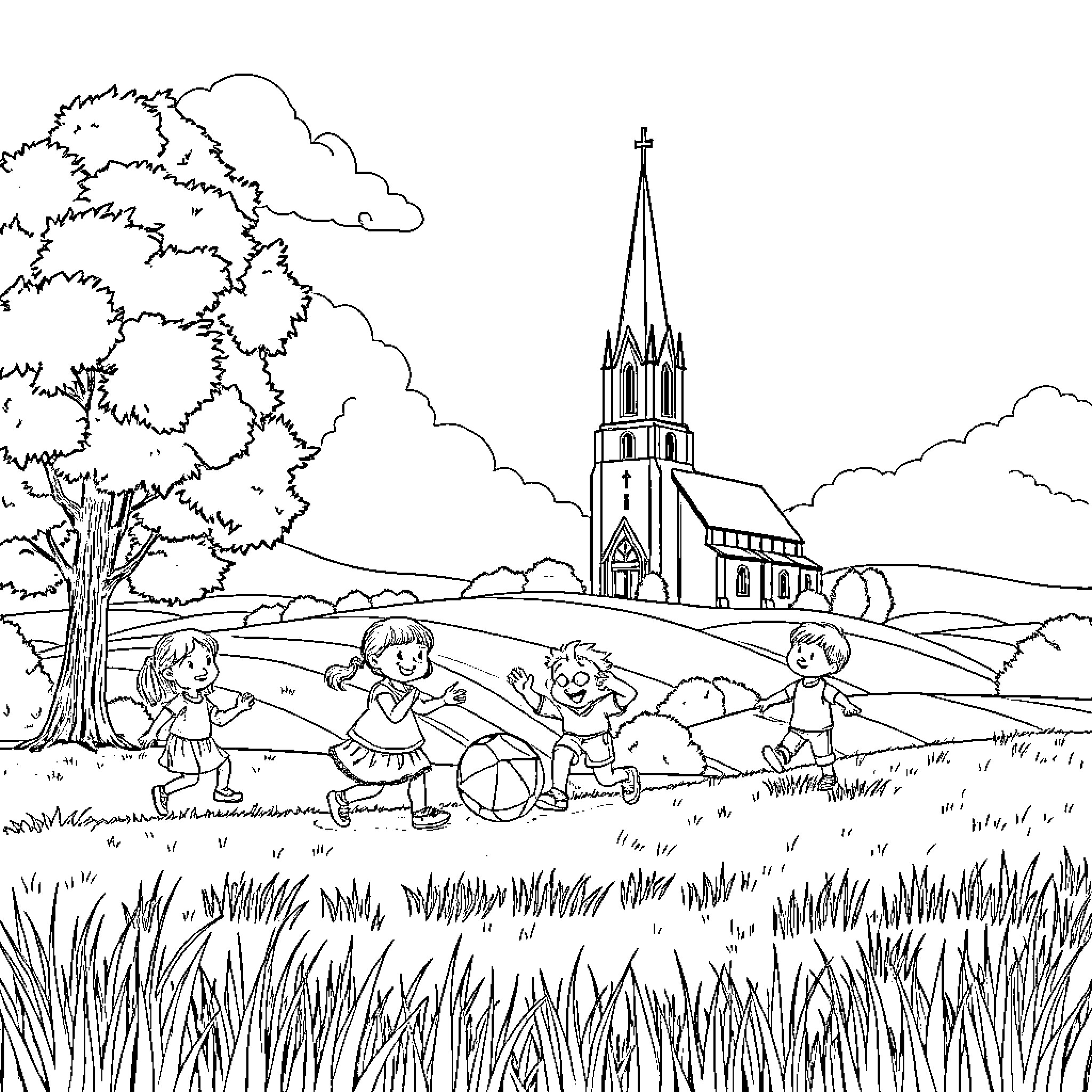 Child playing outdoors near church in nature Coloring Page (free black-and-white line drawing printable PDF for all, from beginners to advanced learners, including children, teens, adults, and seniors)