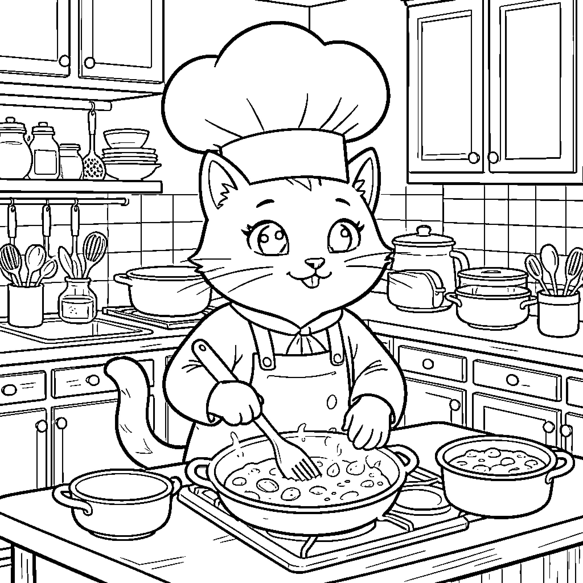 Cat chef preparing delicious dishes in the kitchen Coloring Page (free black-and-white line drawing printable PDF for all, from beginners to advanced learners, including children, teens, adults, and seniors)