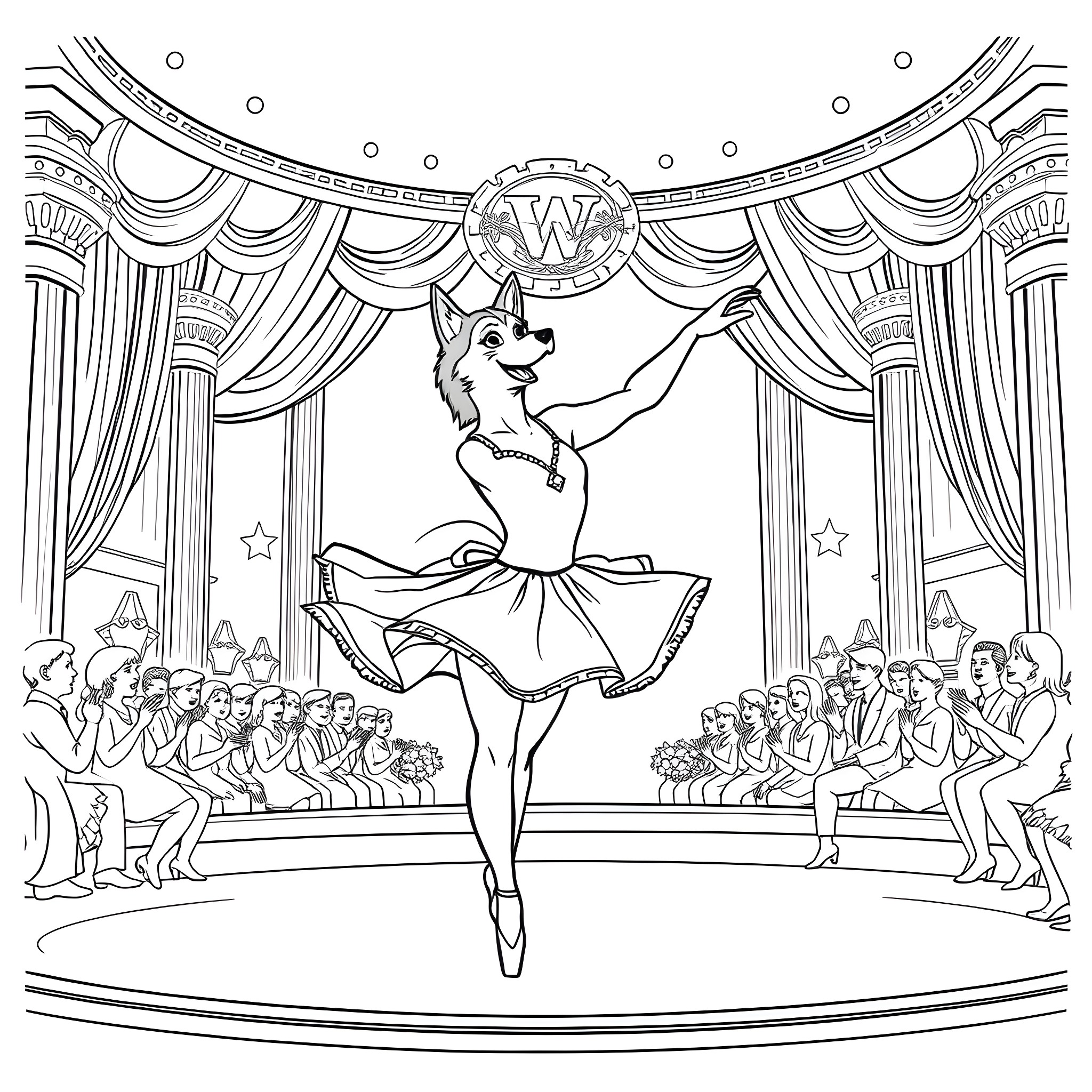Husky ballerina performing on stage Coloring Page (free black-and-white line drawing printable PDF for all, from beginners to advanced learners, including children, teens, adults, and seniors)