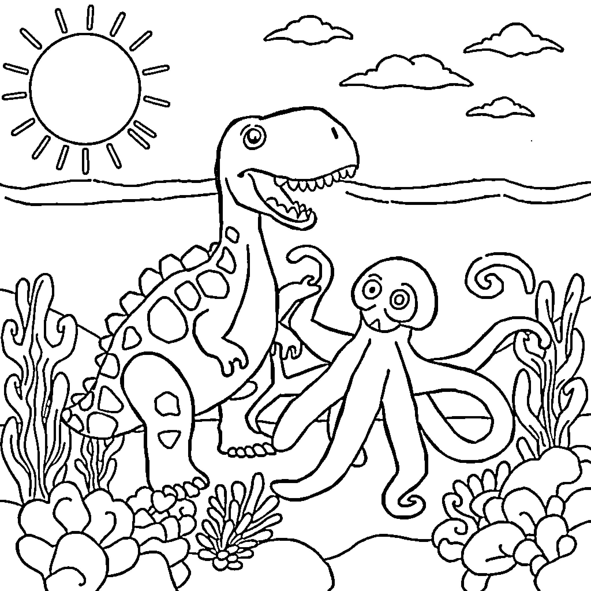 Dinosaur and sea creatures in the underwater world Coloring Page (free black-and-white line drawing printable PDF for all, from beginners to advanced learners, including children, teens, adults, and seniors)