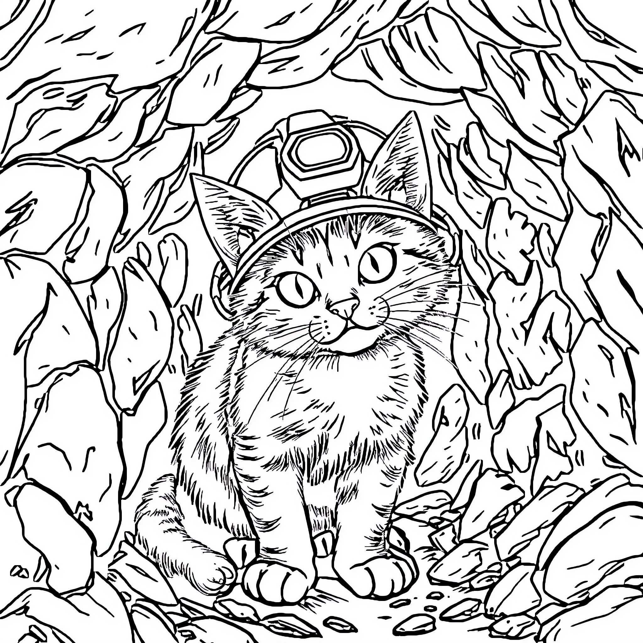 Cat exploring the enchanted forest Coloring Page (free black-and-white line drawing printable PDF for all, from beginners to advanced learners, including children, teens, adults, and seniors)