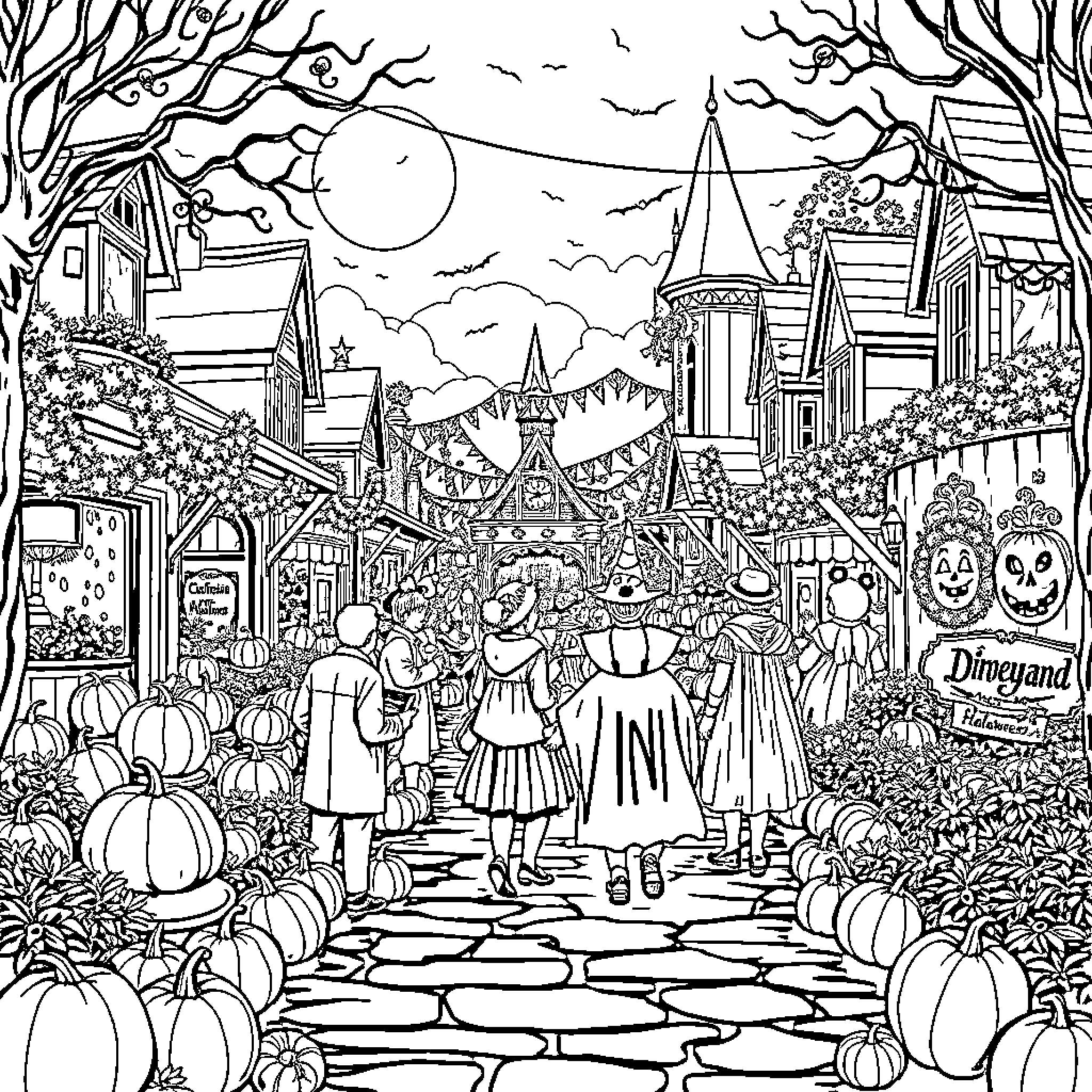 Halloween in the Whimsical Fairytale Town Coloring Page (free black-and-white line drawing printable PDF for all, from beginners to advanced learners, including children, teens, adults, and seniors)