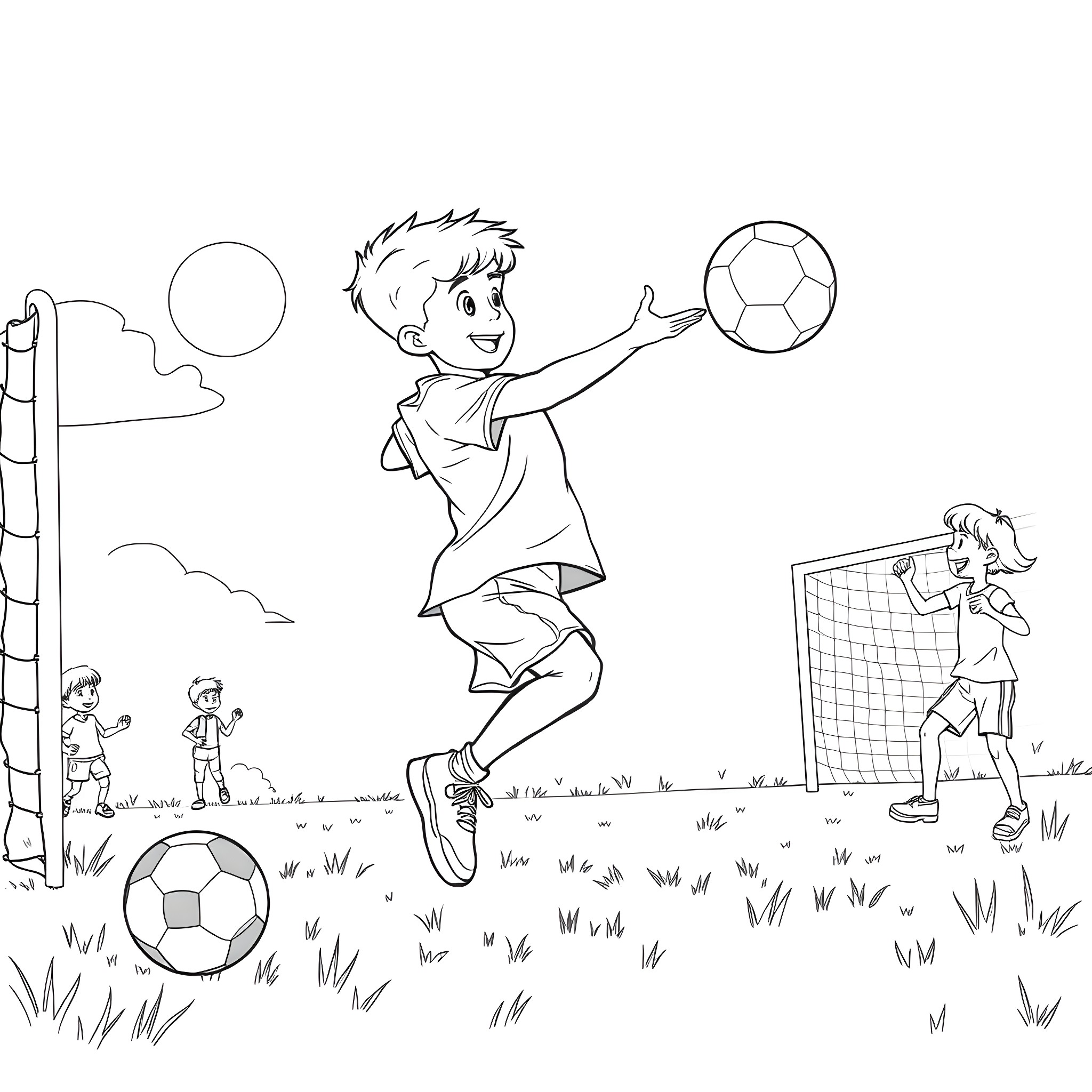 Boy enjoying soccer game with friends on field Coloring Page (free black-and-white line drawing printable PDF for all, from beginners to advanced learners, including children, teens, adults, and seniors)