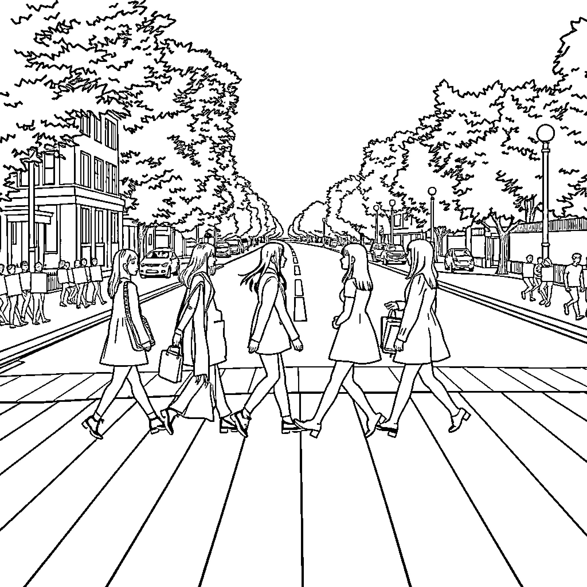 Blackpink crossing urban street with backdrop Coloring Page (free black-and-white line drawing printable PDF for all, from beginners to advanced learners, including children, teens, adults, and seniors)