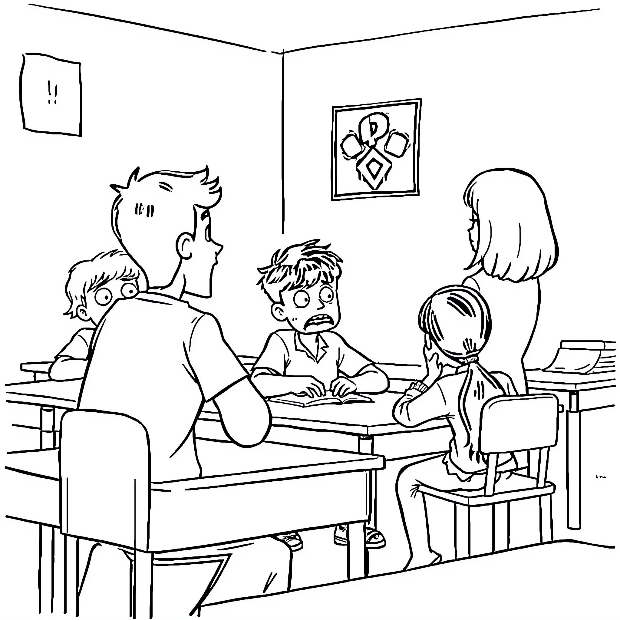 Students studying together in the classroom Coloring Page (free black-and-white line drawing printable PDF for all, from beginners to advanced learners, including children, teens, adults, and seniors)