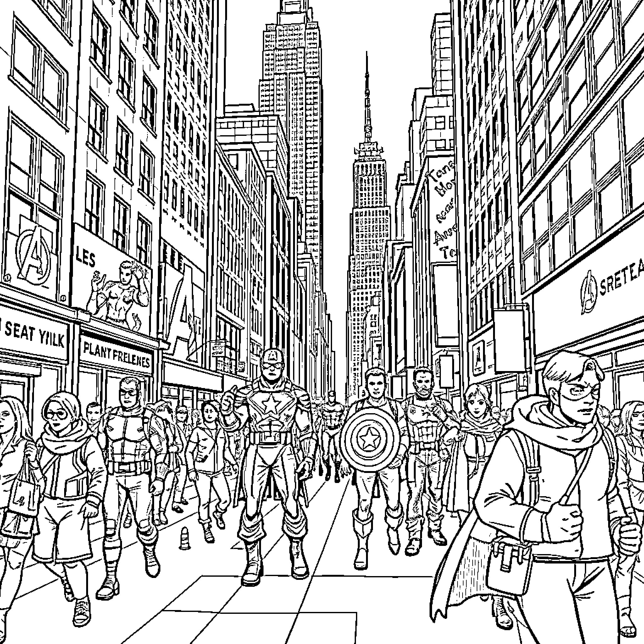 Avenger Heroes Assembling in the City Streets Coloring Page (free black-and-white line drawing printable PDF for all, from beginners to advanced learners, including children, teens, adults, and seniors)