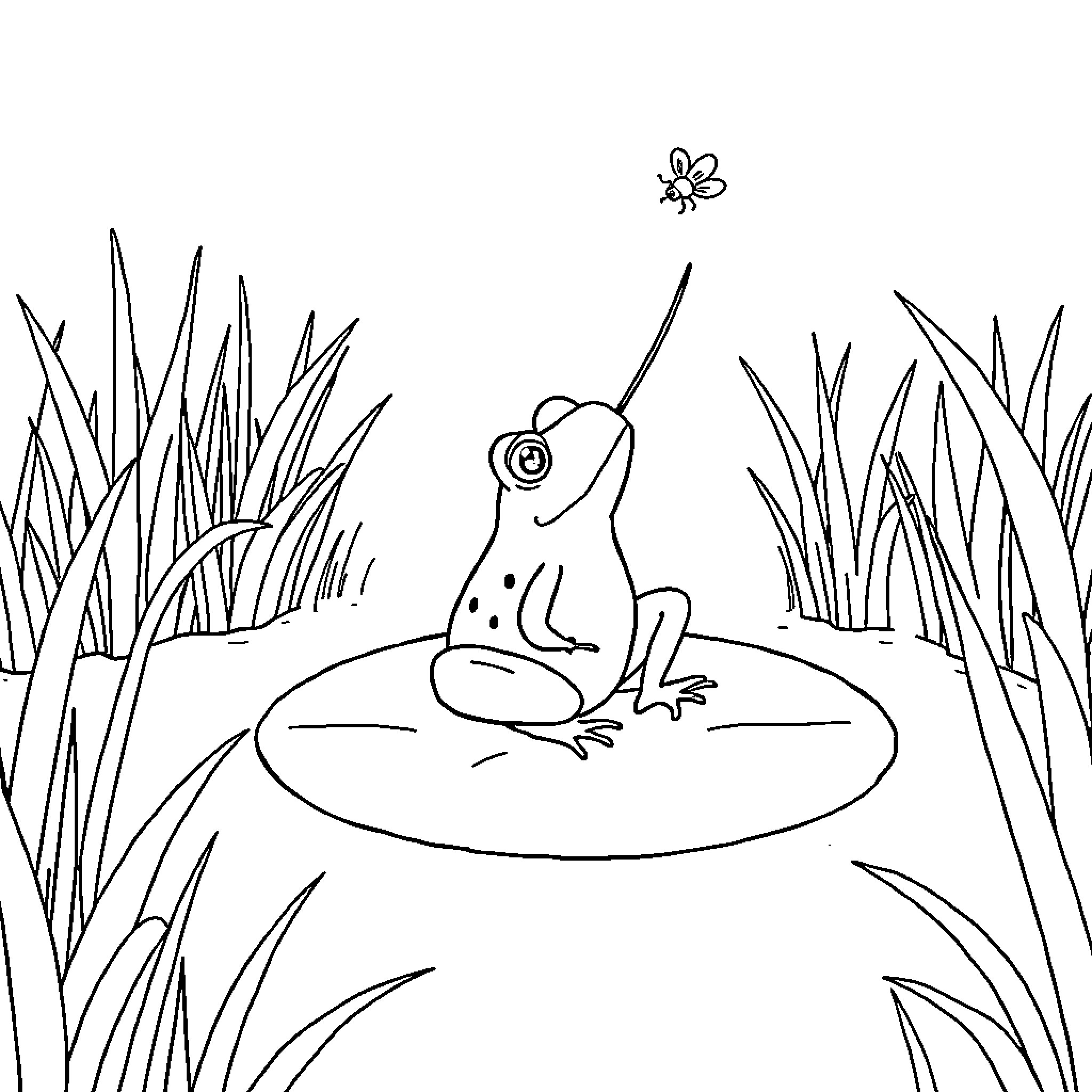 Frog sitting peacefully in the pond Coloring Page (free black-and-white line drawing printable PDF for all, from beginners to advanced learners, including children, teens, adults, and seniors)