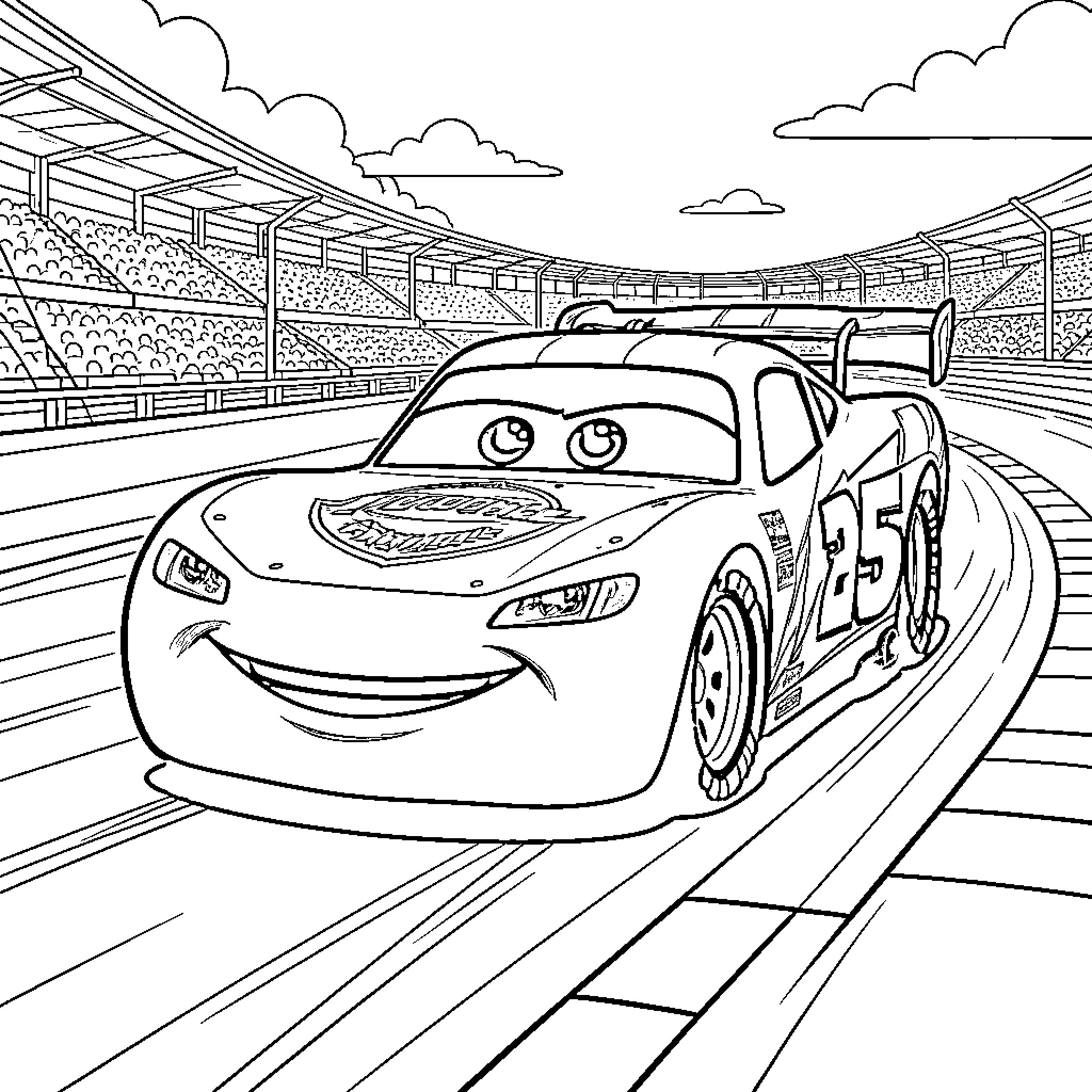Lightning McQueen racing on the racetrack Coloring Page (free black-and-white line drawing printable PDF for all, from beginners to advanced learners, including children, teens, adults, and seniors)