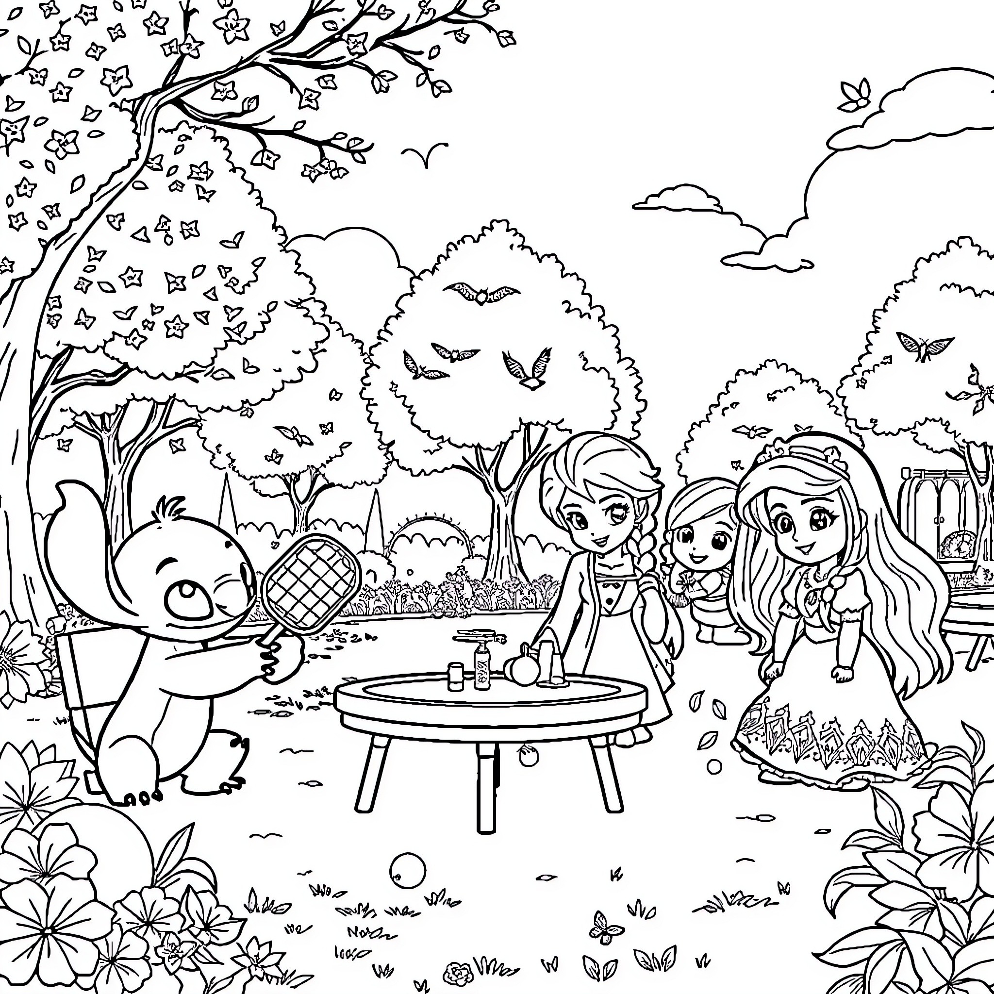 Character enjoying picnic in scenic nature Coloring Page (free black-and-white line drawing printable PDF for all, from beginners to advanced learners, including children, teens, adults, and seniors)