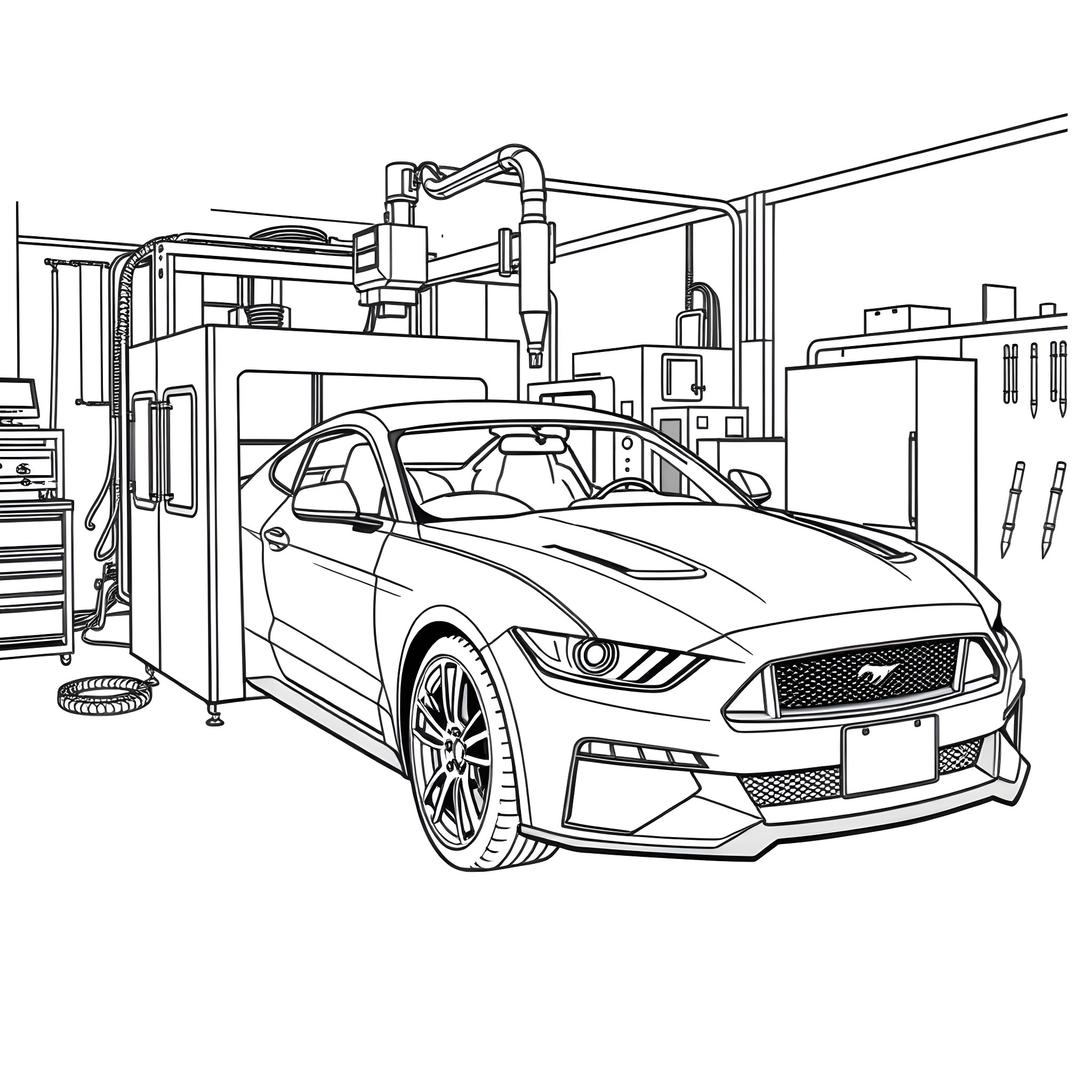 Car being serviced in an auto repair shop Coloring Page (free black-and-white line drawing printable PDF for all, from beginners to advanced learners, including children, teens, adults, and seniors)