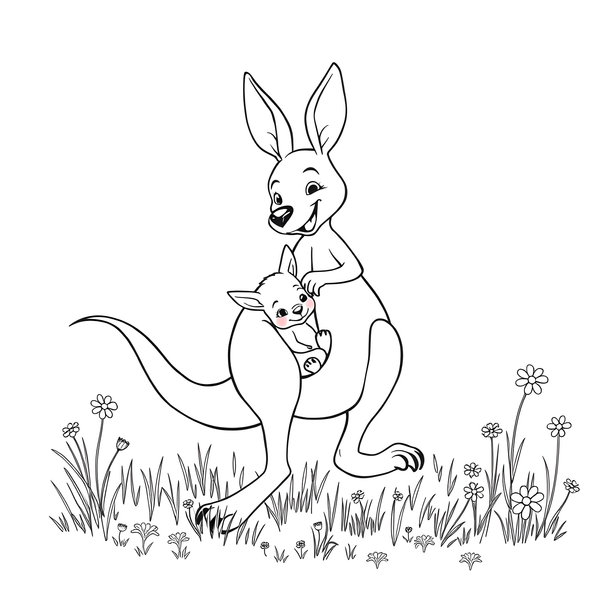 Kangaroo with baby in grassy field Coloring Page (free black-and-white line drawing printable PDF for all, from beginners to advanced learners, including children, teens, adults, and seniors)