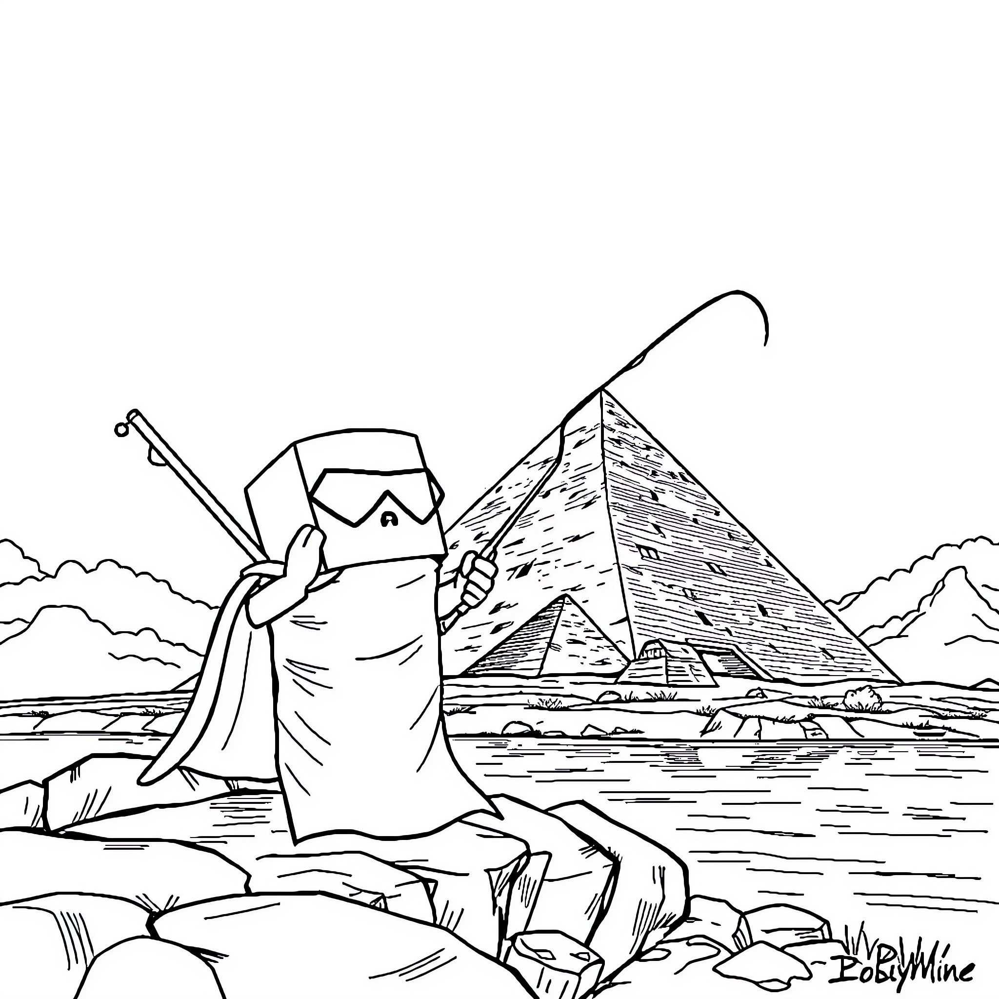 Toilet Paper Pharaoh in Ancient Egypt Coloring Page (free black-and-white line drawing printable PDF for all, from beginners to advanced learners, including children, teens, adults, and seniors)