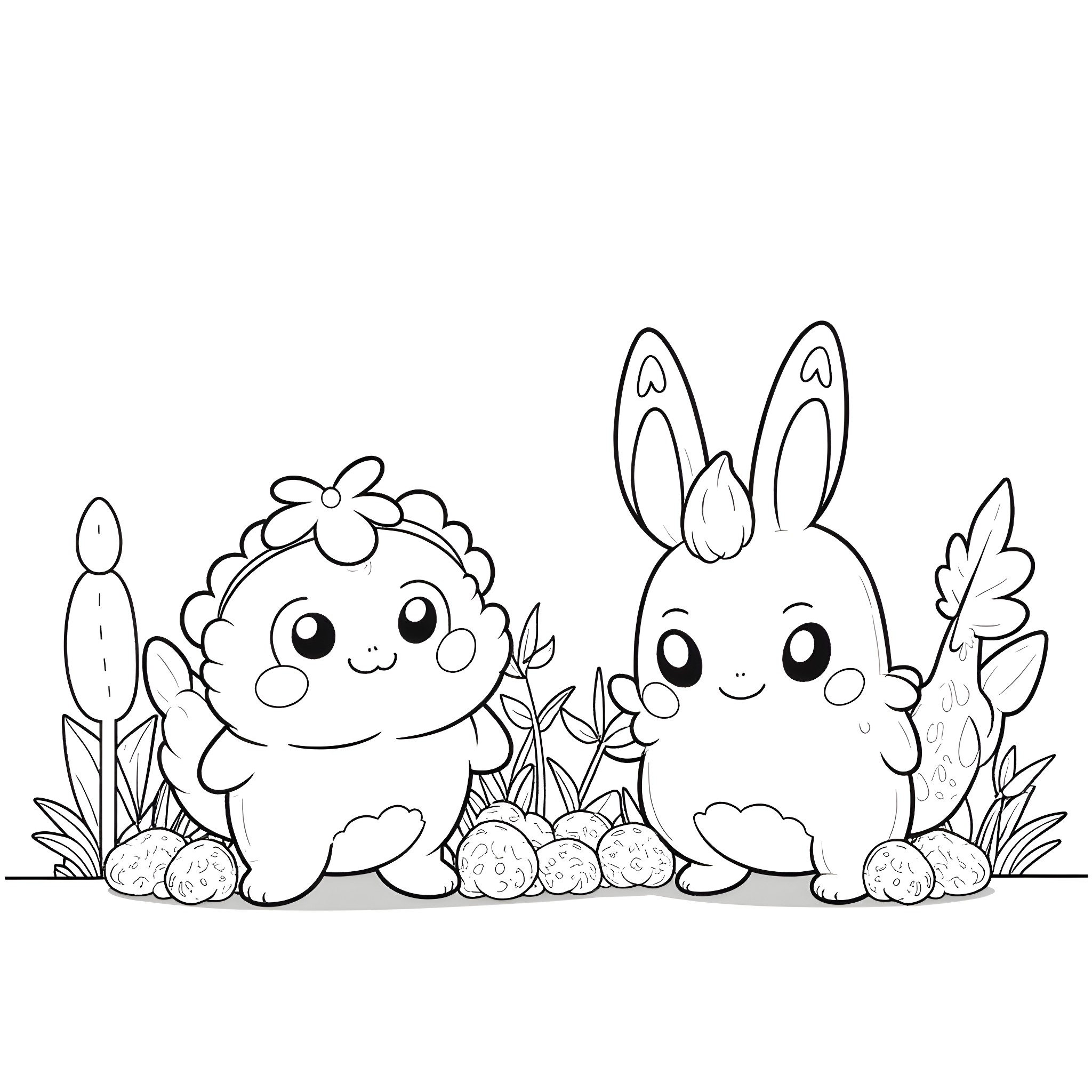 Dreepy and Bunnies Enjoying Nature Coloring Page (free black-and-white line drawing printable PDF for all, from beginners to advanced learners, including children, teens, adults, and seniors)