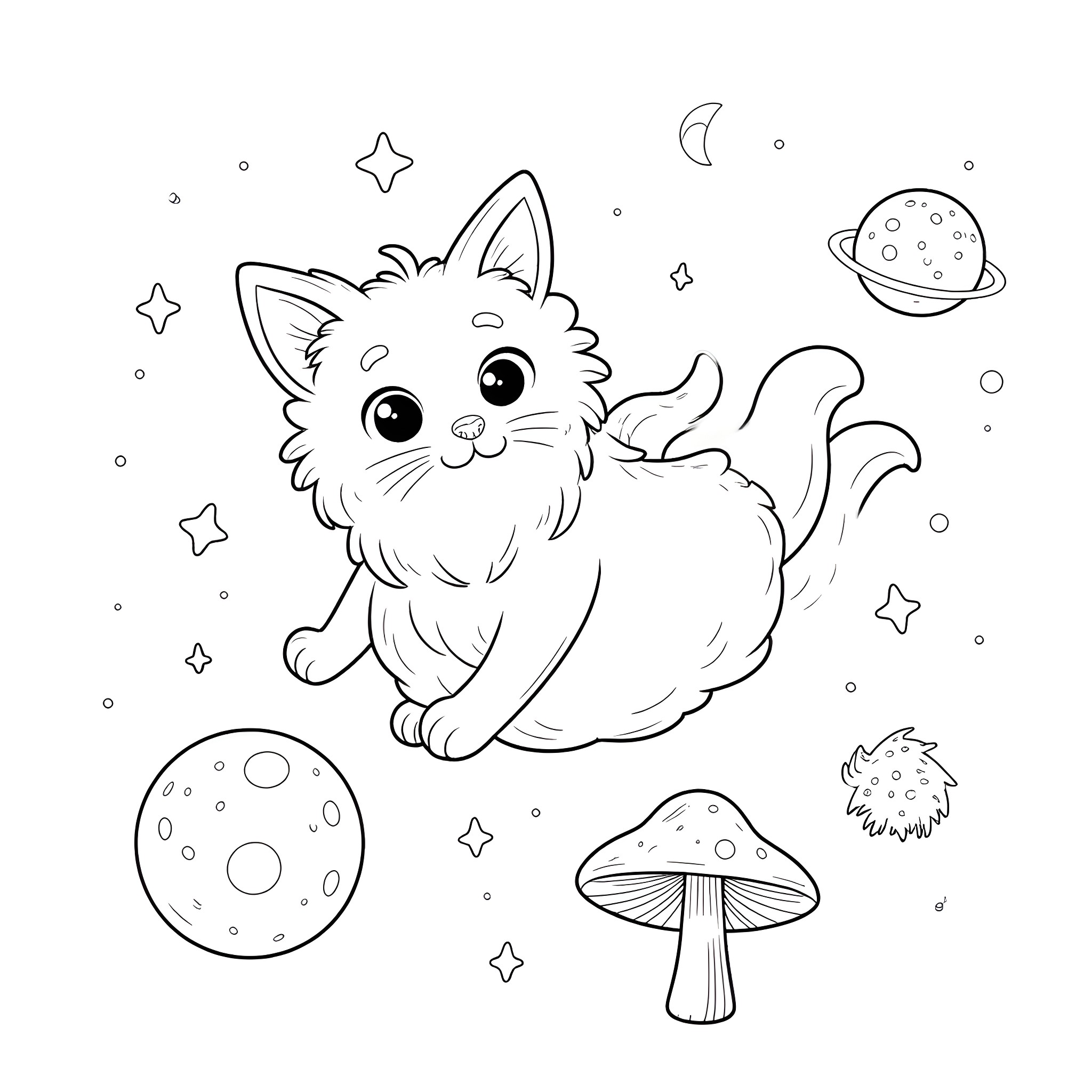 Cat exploring the cosmic landscape Coloring Page (free black-and-white line drawing printable PDF for all, from beginners to advanced learners, including children, teens, adults, and seniors)