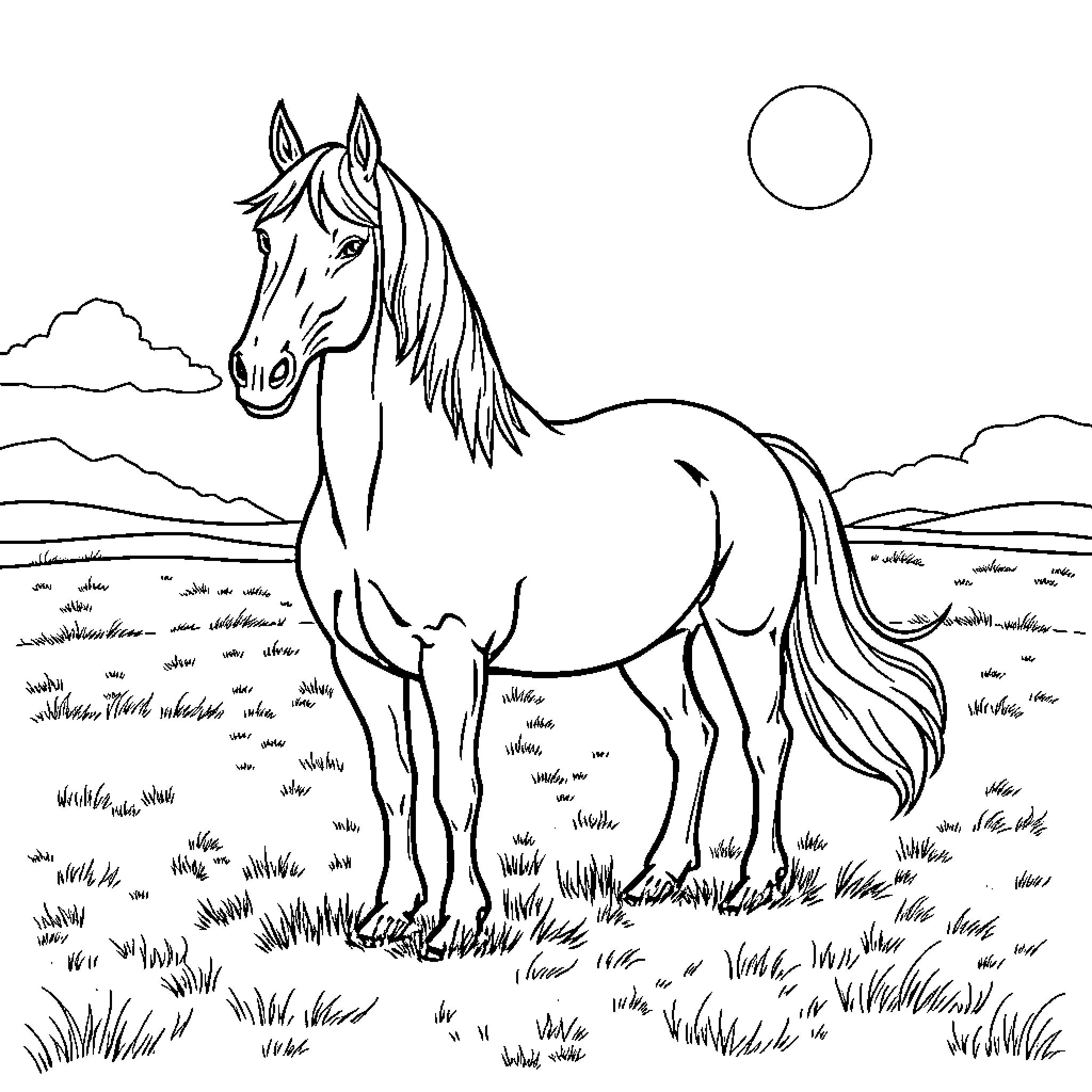 Shirehorse standing majestic in the countryside Coloring Page (free black-and-white line drawing printable PDF for all, from beginners to advanced learners, including children, teens, adults, and seniors)