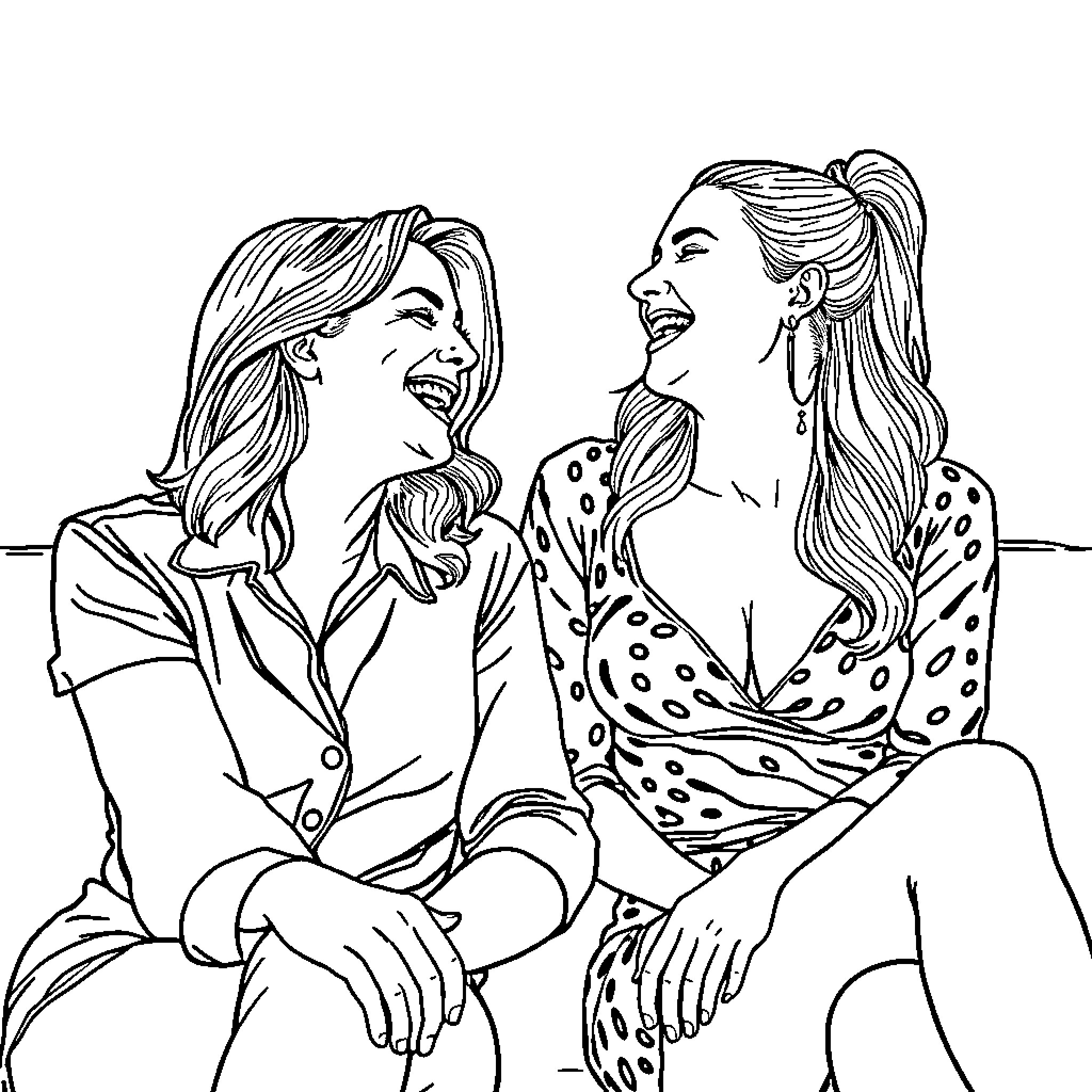 Jaime Presley and friend enjoying a lively conversation Coloring Page (free black-and-white line drawing printable PDF for all, from beginners to advanced learners, including children, teens, adults, and seniors)