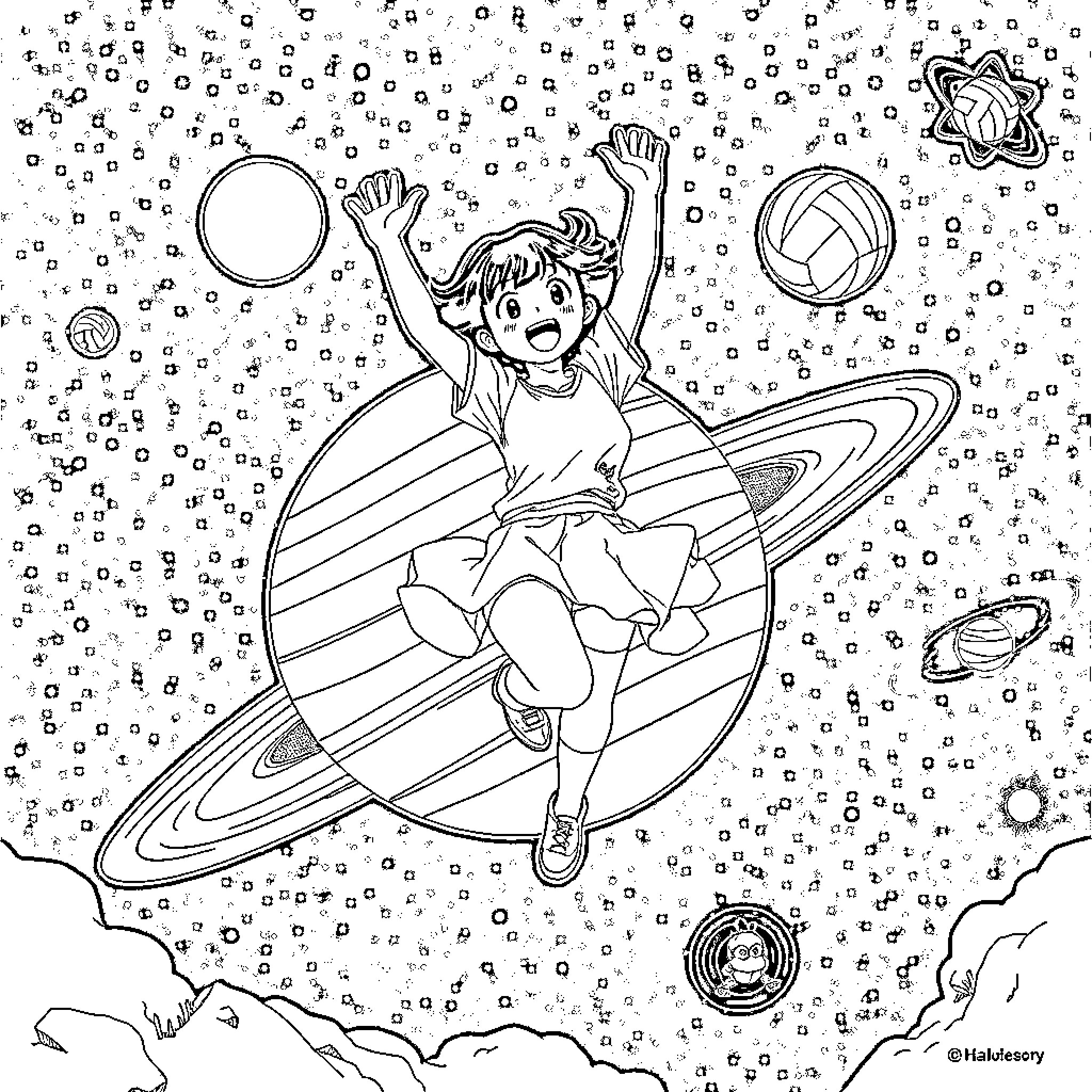 Nezuko Exploring Cosmic Wonders Coloring Page (free black-and-white line drawing printable PDF for all, from beginners to advanced learners, including children, teens, adults, and seniors)