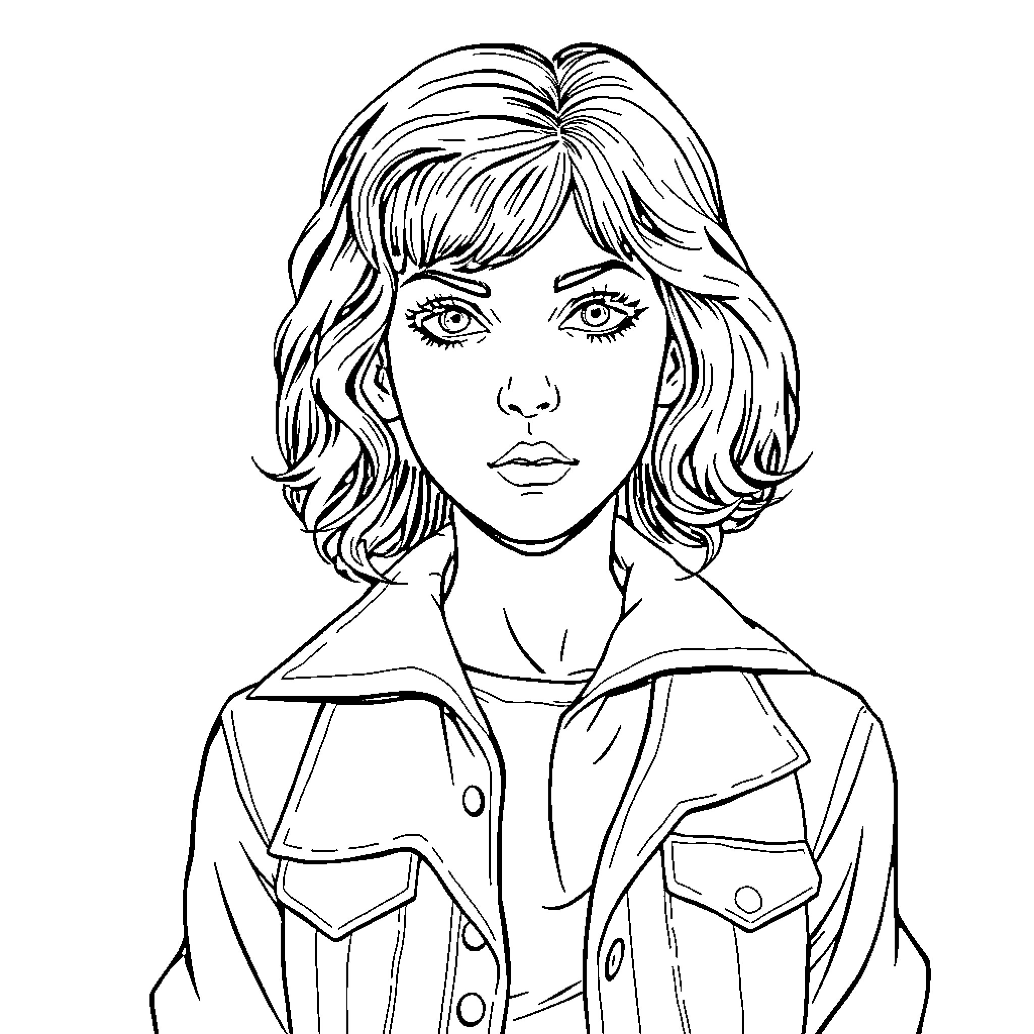 Bobbie Goods - Captivating Woman in Denim Jacket Coloring Page (free black-and-white line drawing printable PDF for all, from beginners to advanced learners, including children, teens, adults, and seniors)