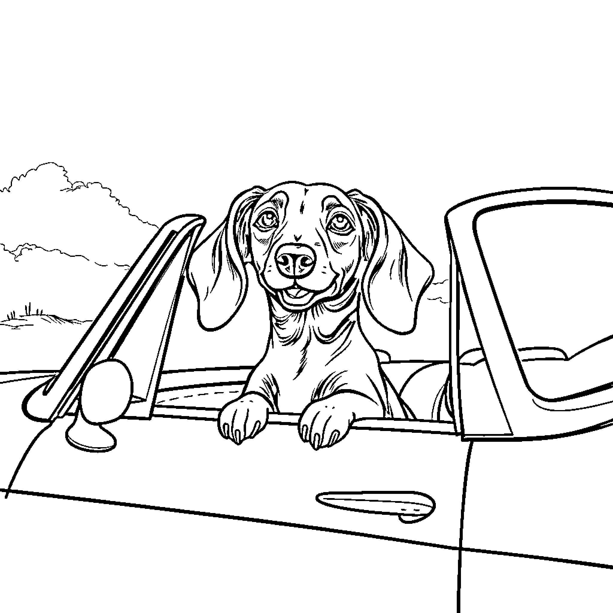 Dachshund enjoying a car ride through the countryside Coloring Page (free black-and-white line drawing printable PDF for all, from beginners to advanced learners, including children, teens, adults, and seniors)