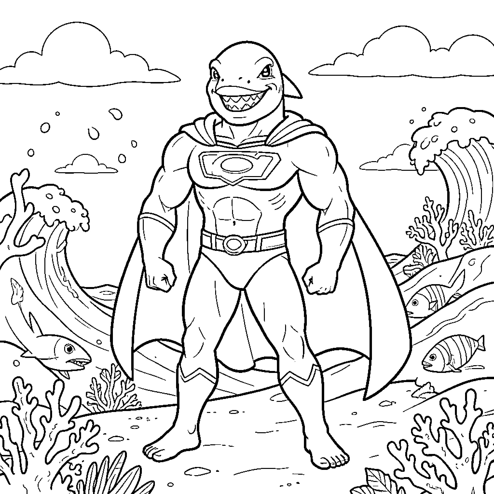Orca superhero standing heroically amidst ocean waves Coloring Page (free black-and-white line drawing printable PDF for all, from beginners to advanced learners, including children, teens, adults, and seniors)