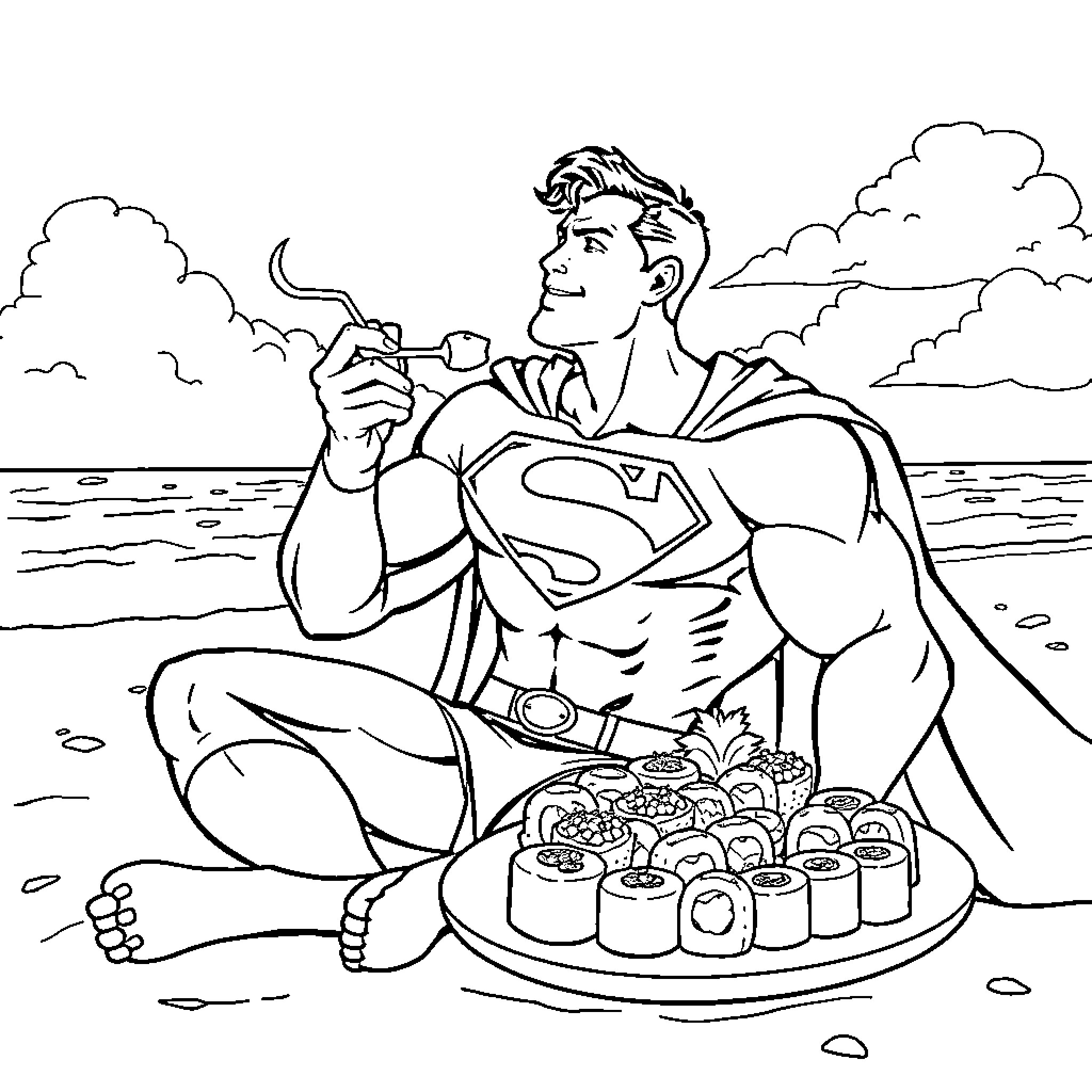 Superman Enjoys Sushi Picnic on the Beach Coloring Page (free black-and-white line drawing printable PDF for all, from beginners to advanced learners, including children, teens, adults, and seniors)