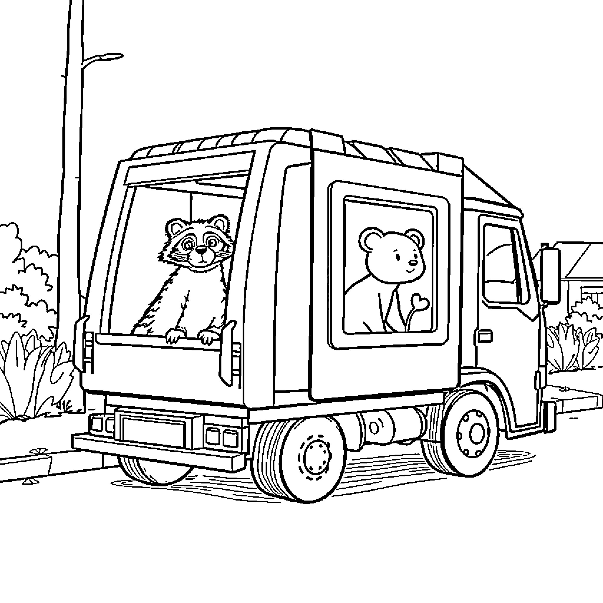 Trash Truck with Cartoon Animals Coloring Page (free black-and-white line drawing printable PDF for all, from beginners to advanced learners, including children, teens, adults, and seniors)