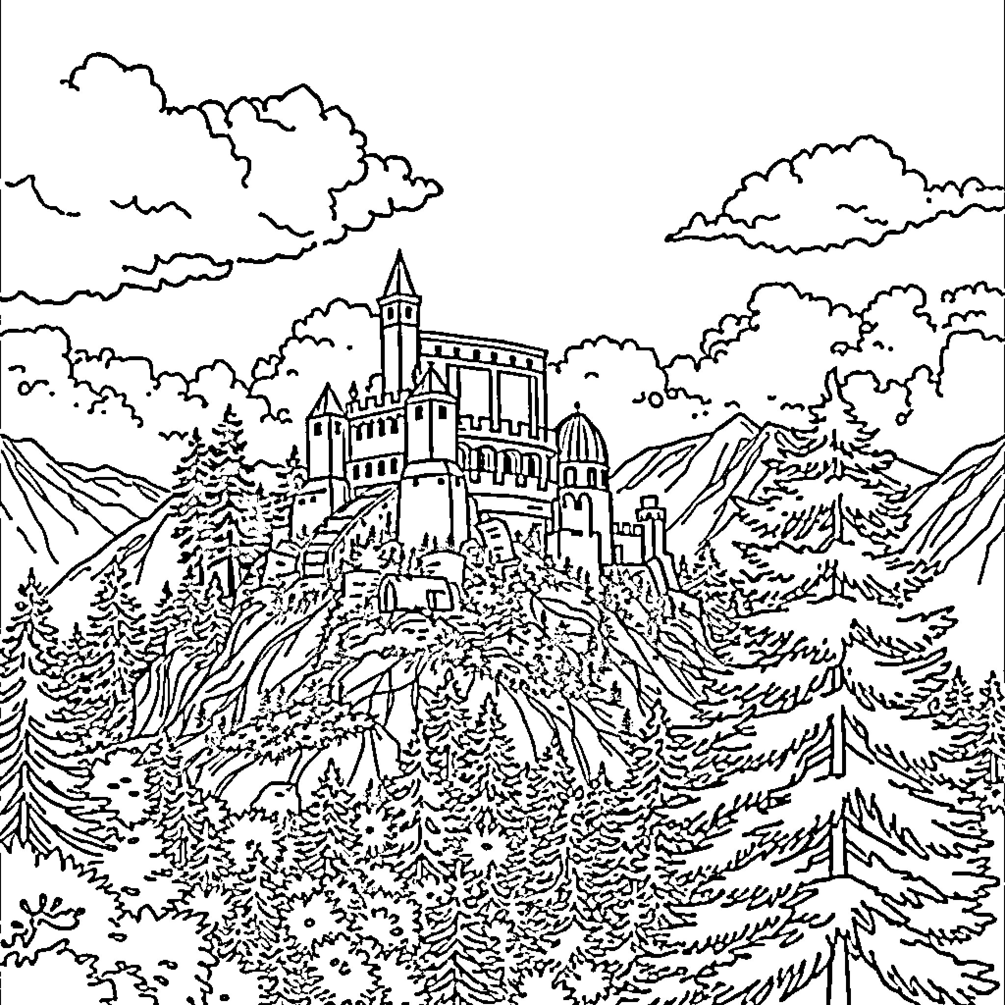 Castle amidst the majestic mountains and forests Coloring Page (free black-and-white line drawing printable PDF for all, from beginners to advanced learners, including children, teens, adults, and seniors)