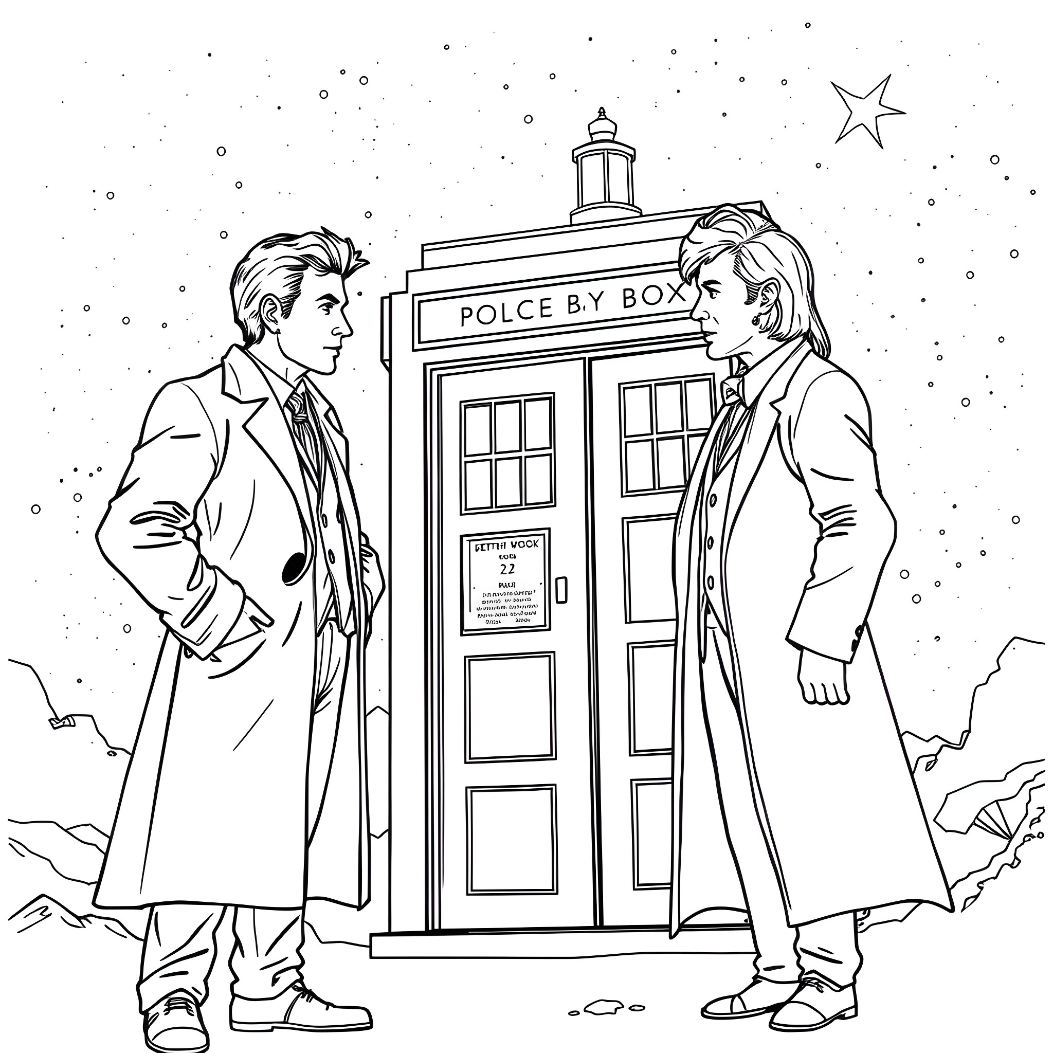 Doctor's Mysterious Encounter with the Police Box Coloring Page (free black-and-white line drawing printable PDF for all, from beginners to advanced learners, including children, teens, adults, and seniors)