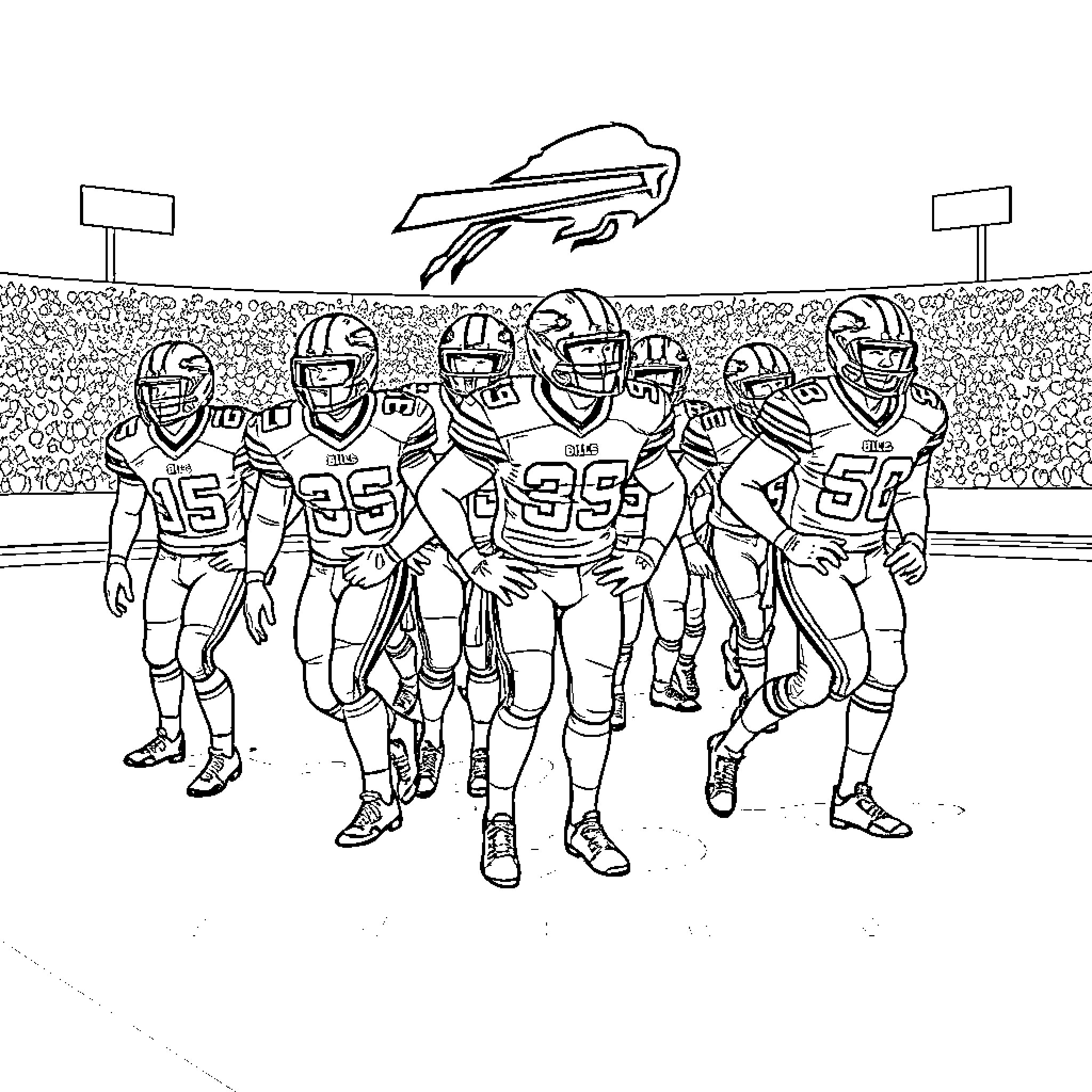 Buffalo Bills players running onto the field Coloring Page (free black-and-white line drawing printable PDF for all, from beginners to advanced learners, including children, teens, adults, and seniors)